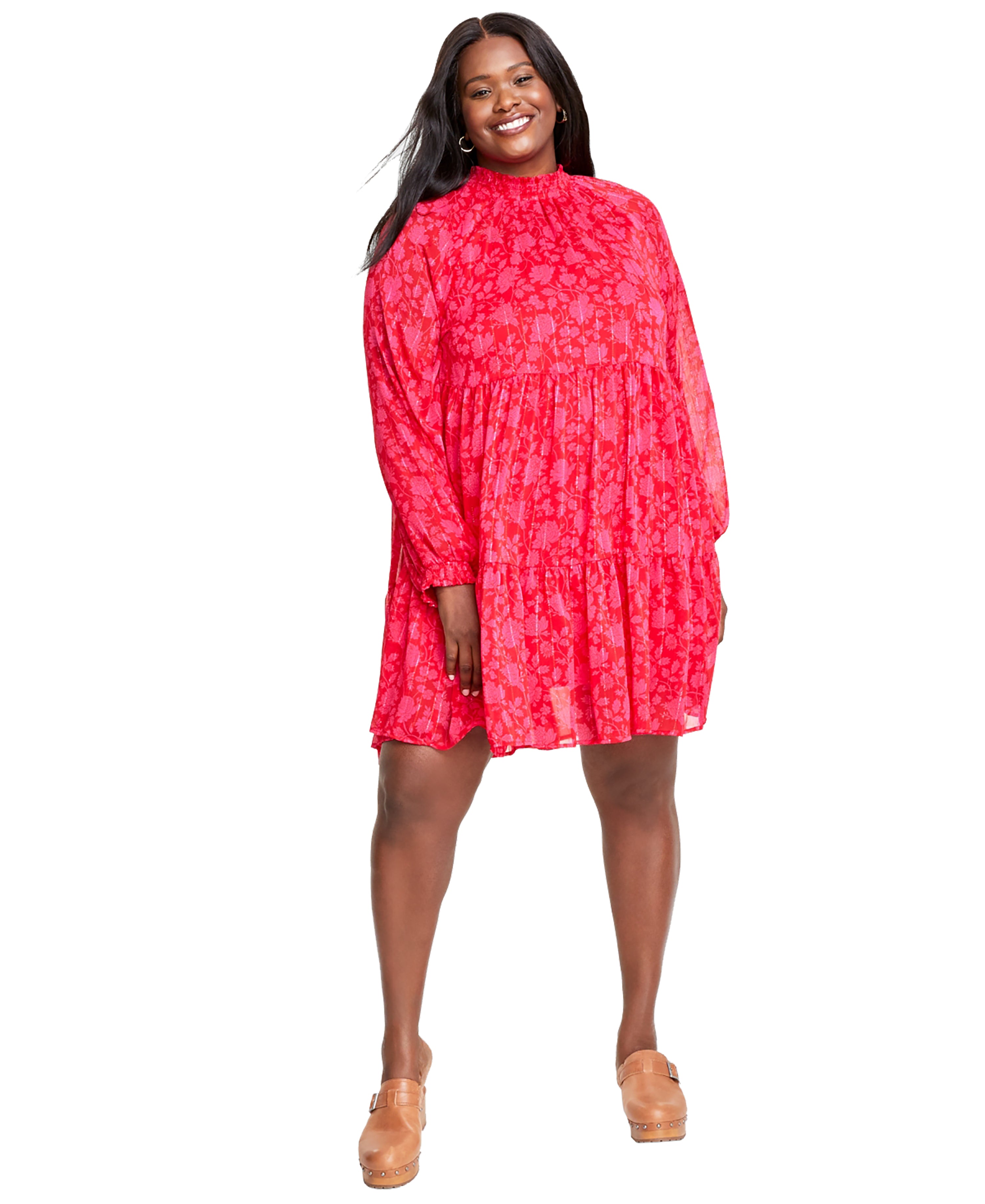Plus Size Floral-Print High-Neck Tiered Flounce Mini Dress