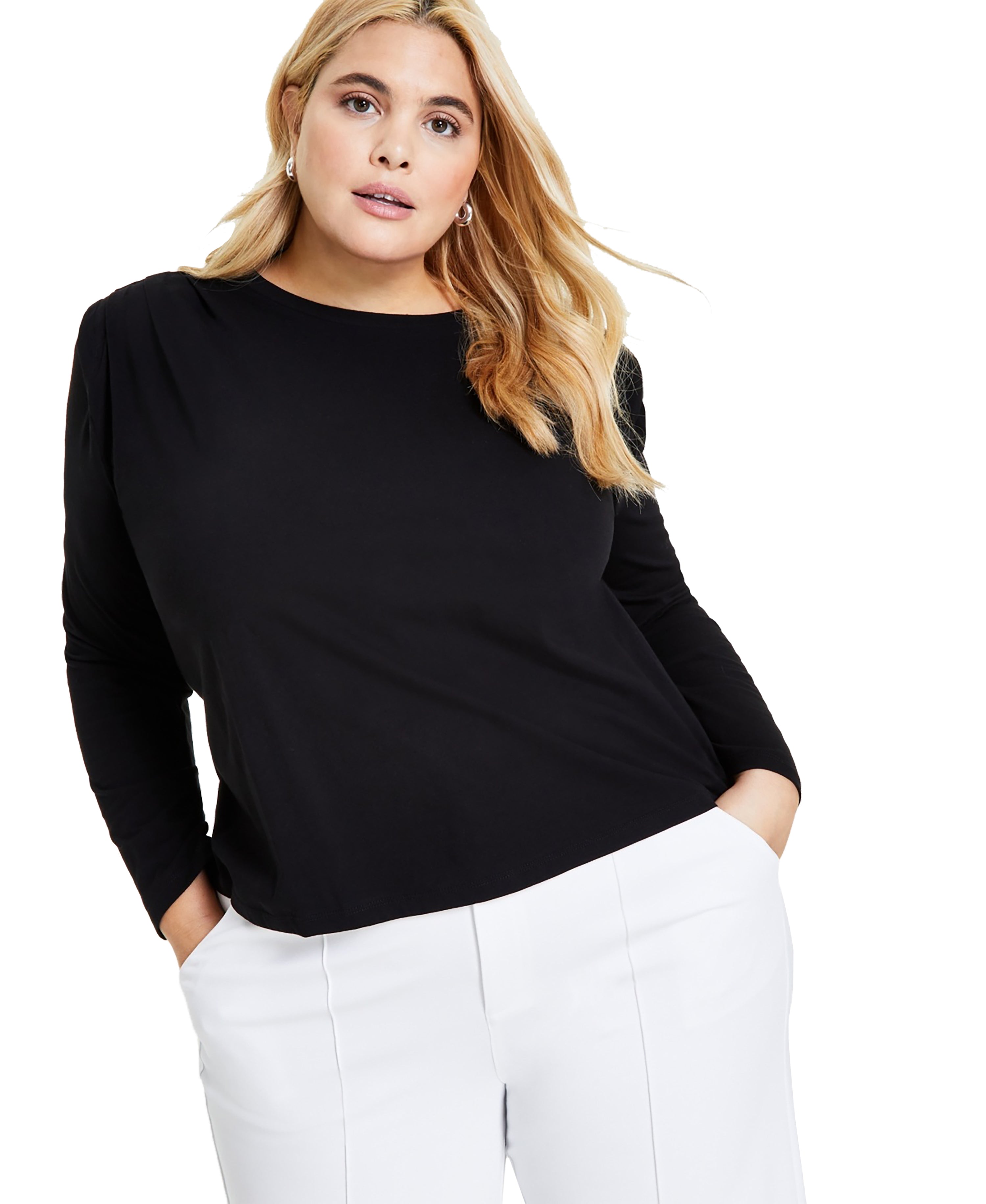 Plus Size Cotton Round-Neck Pleat-Shoulder T-Modern Shirt