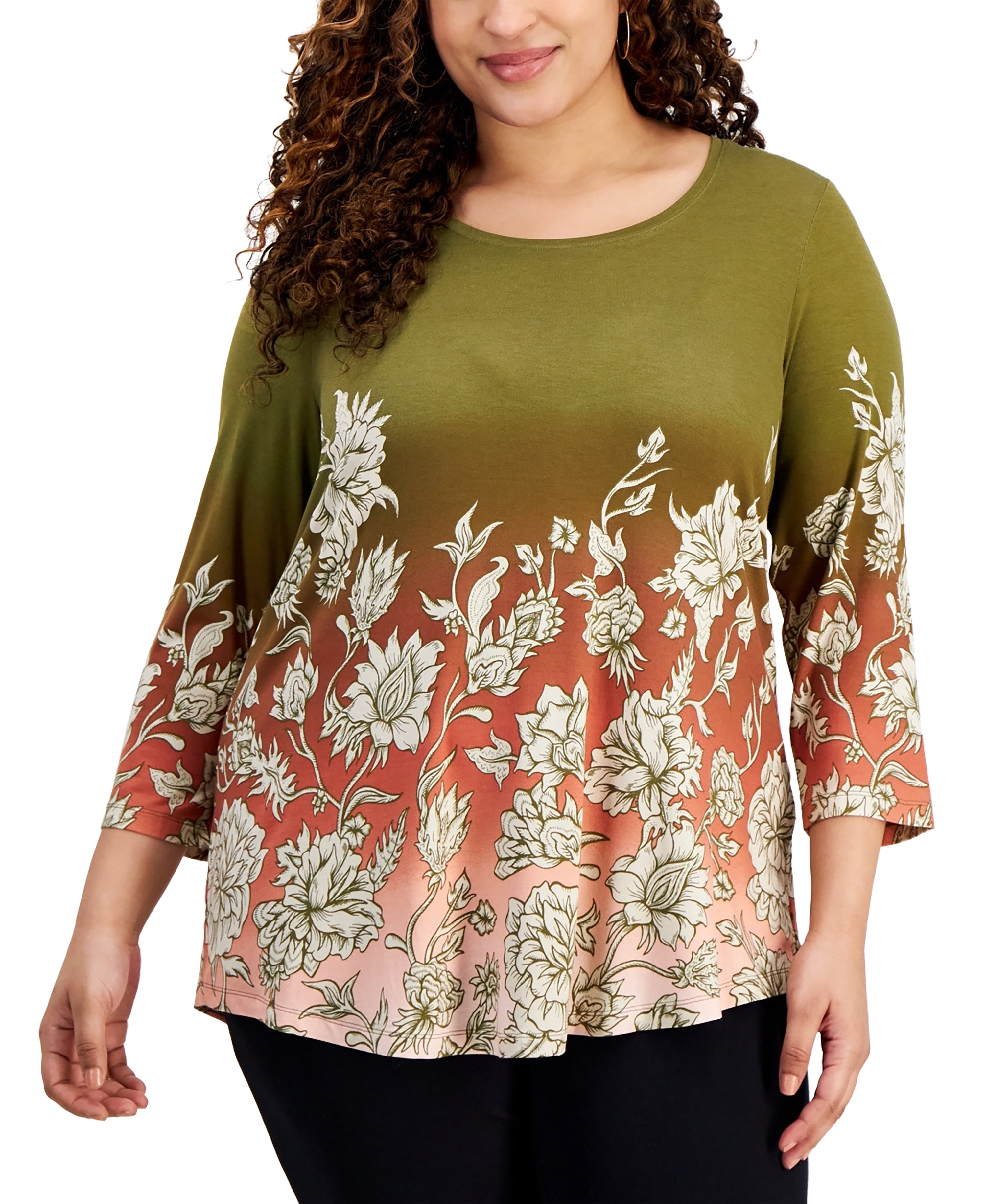 Plus Size Printed 3/4-Sleeve Premium Top