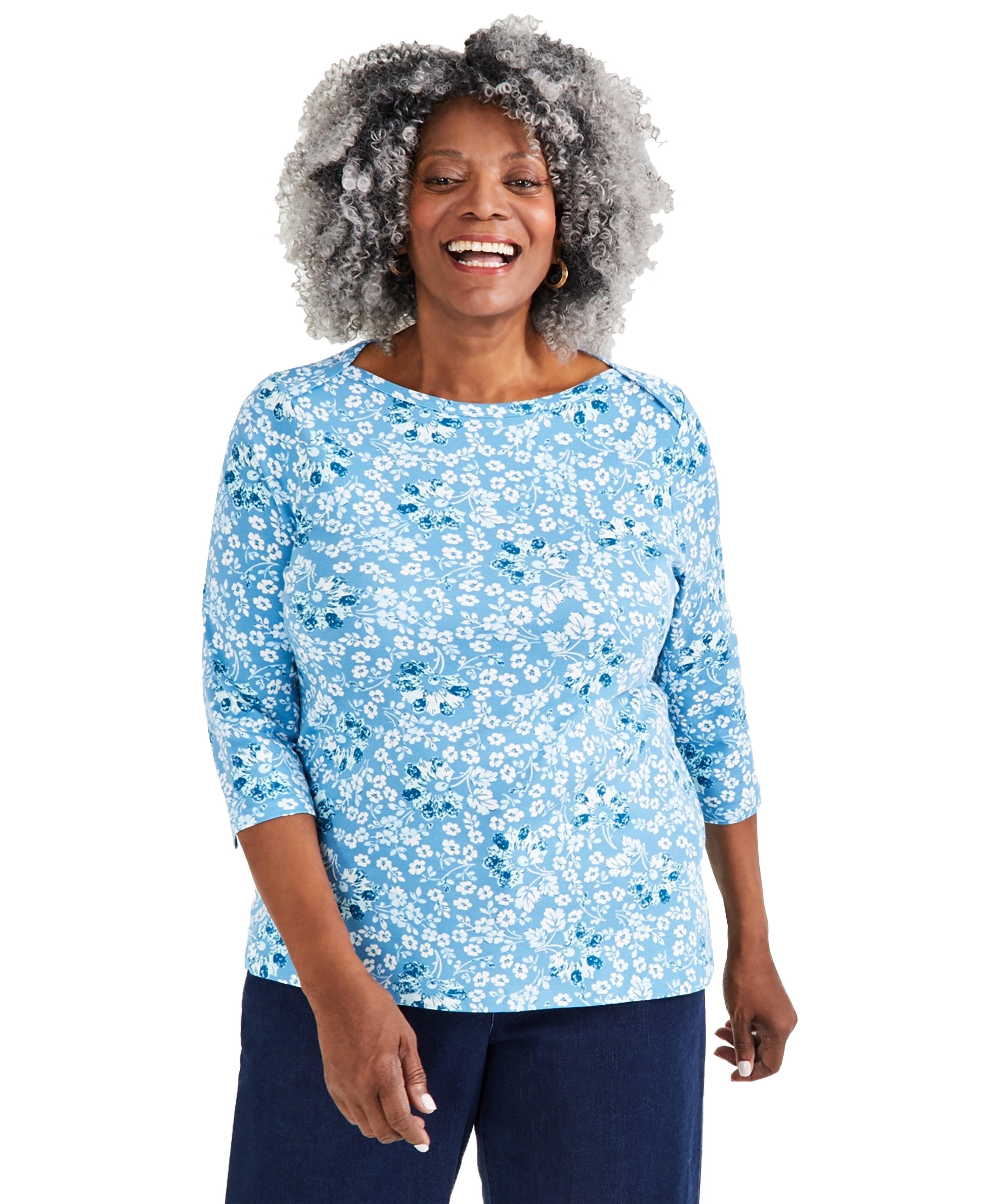 Plus Size Printed Pima Cotton 3/4-Sleeve Premium Top