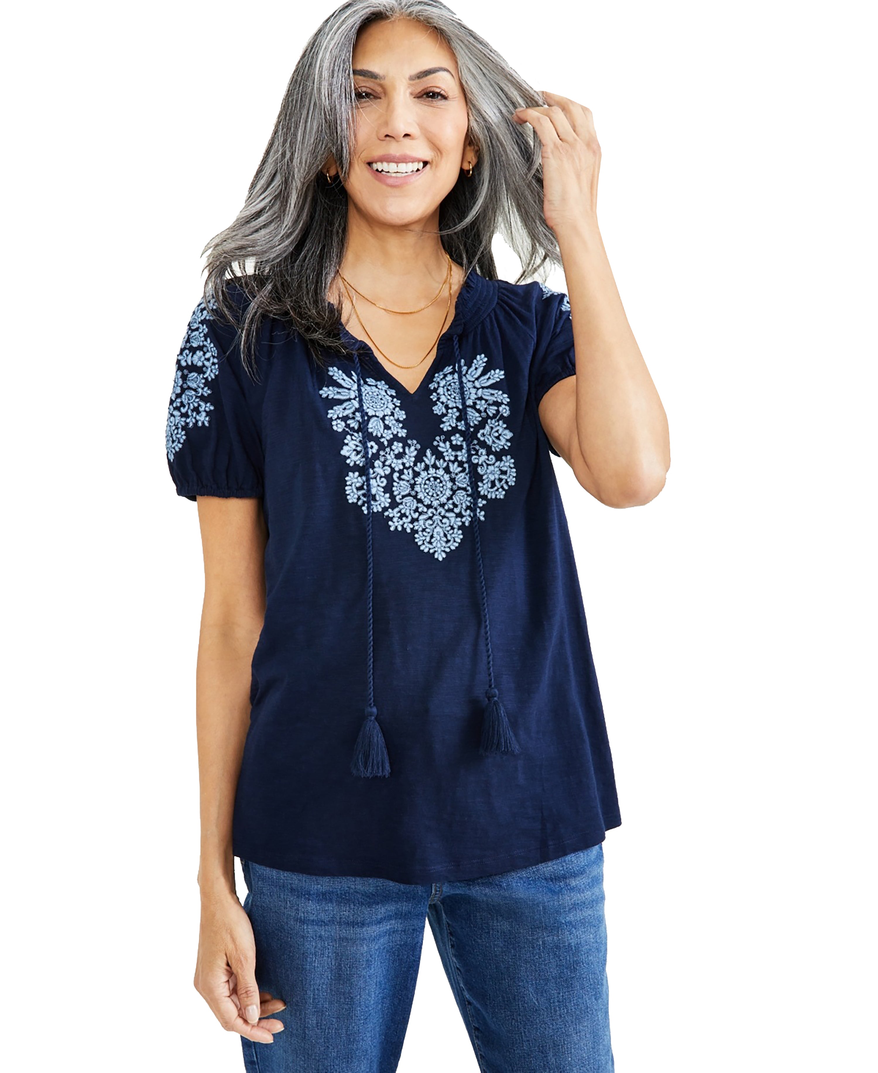 Petite Vacay Embroidered Tassel-Tie Premium Top