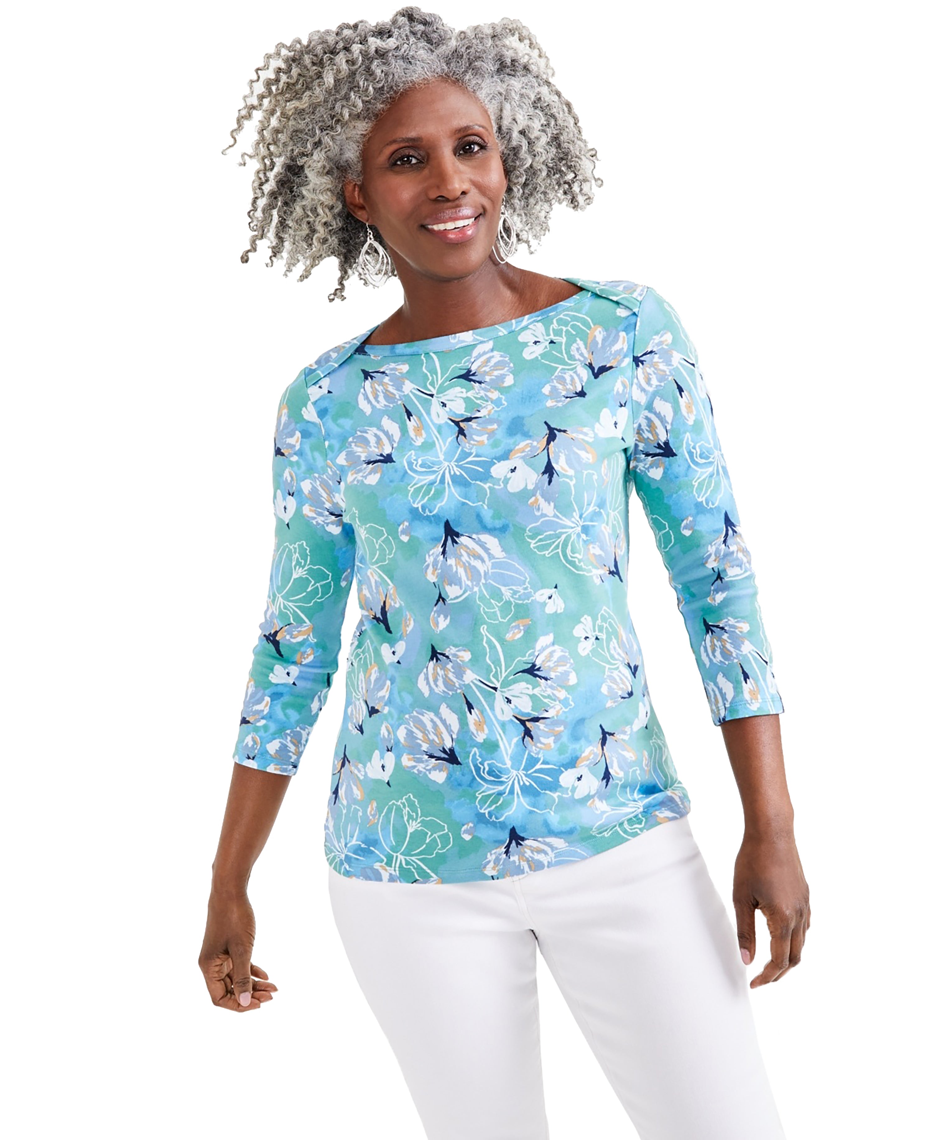 Petite Floral Cotton 3/4-Sleeve Premium Top