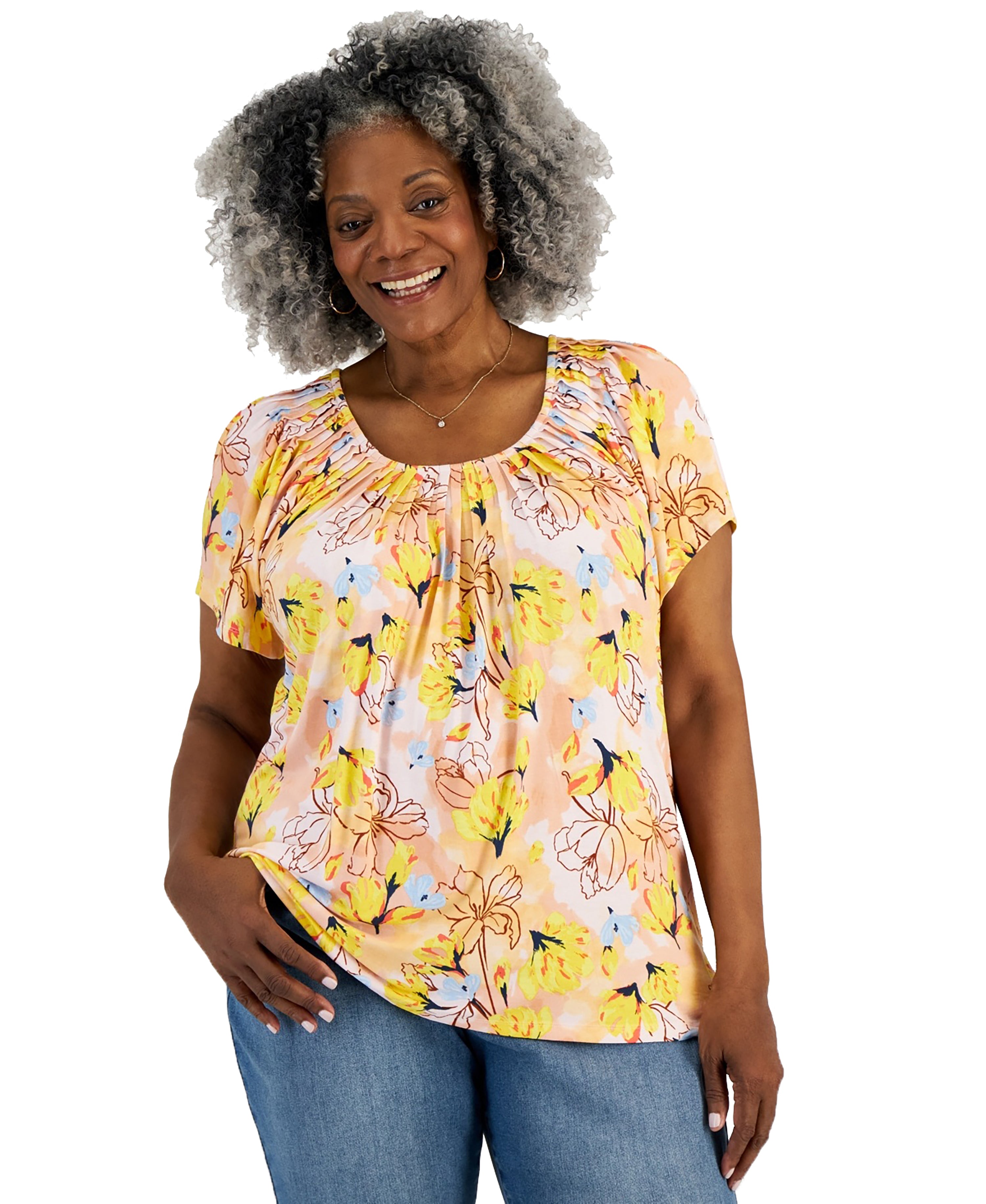 Plus Size Printed Pleated-Neck Premium Top