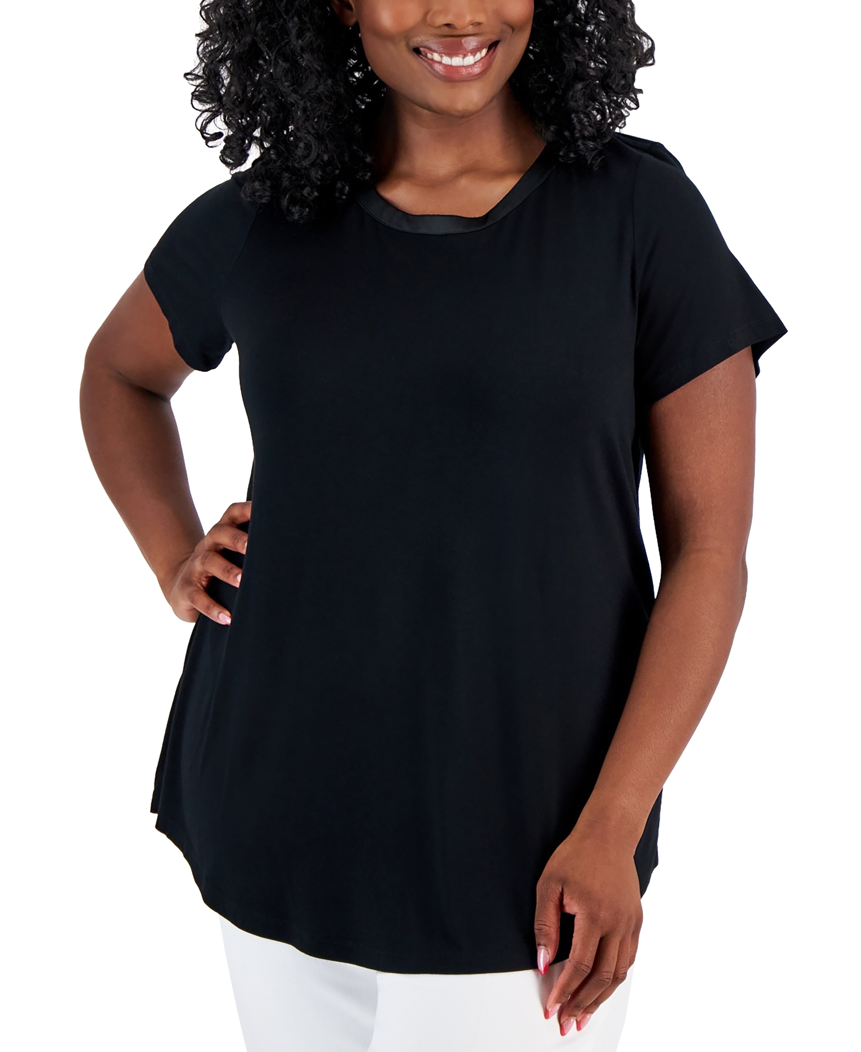 Plus Size Satin Trim Neck Short-Sleeve Premium Top