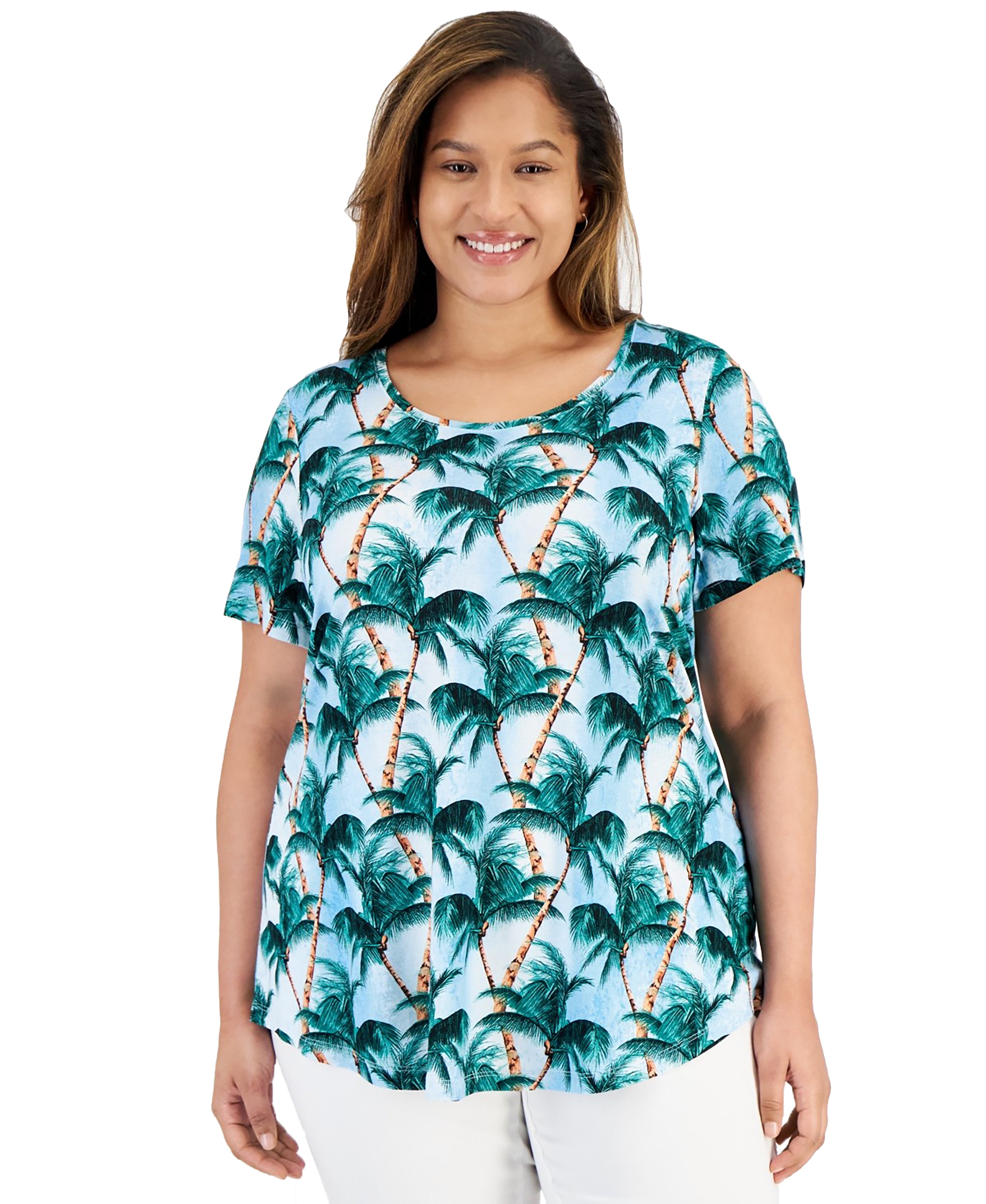 Plus Size Tropical Overlay Short-Sleeve Premium Top
