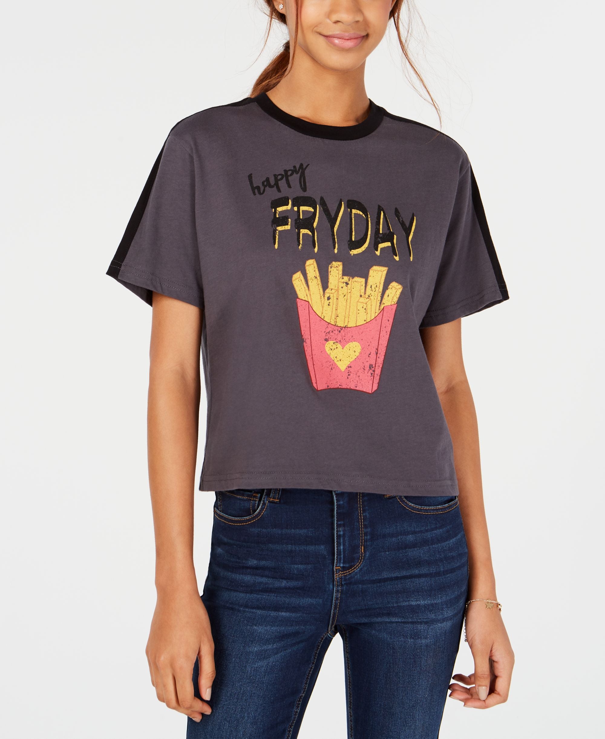 Rebellious One Juniors Fryday Crop Graphic Ringer T-Modern Shirt