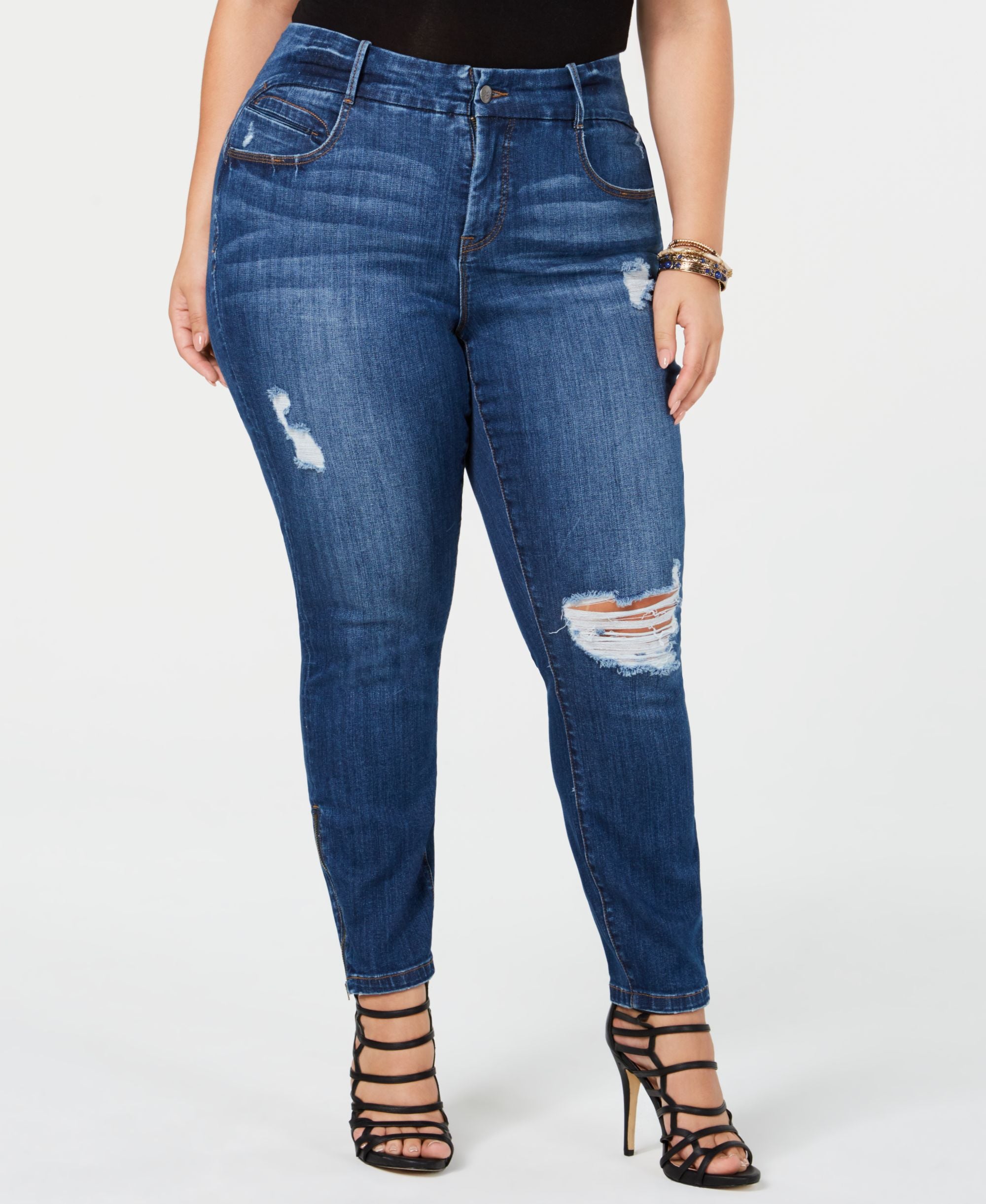 Ysj Plus Size Distressed Skinny-Fit Zip Ankle Premium Jeans