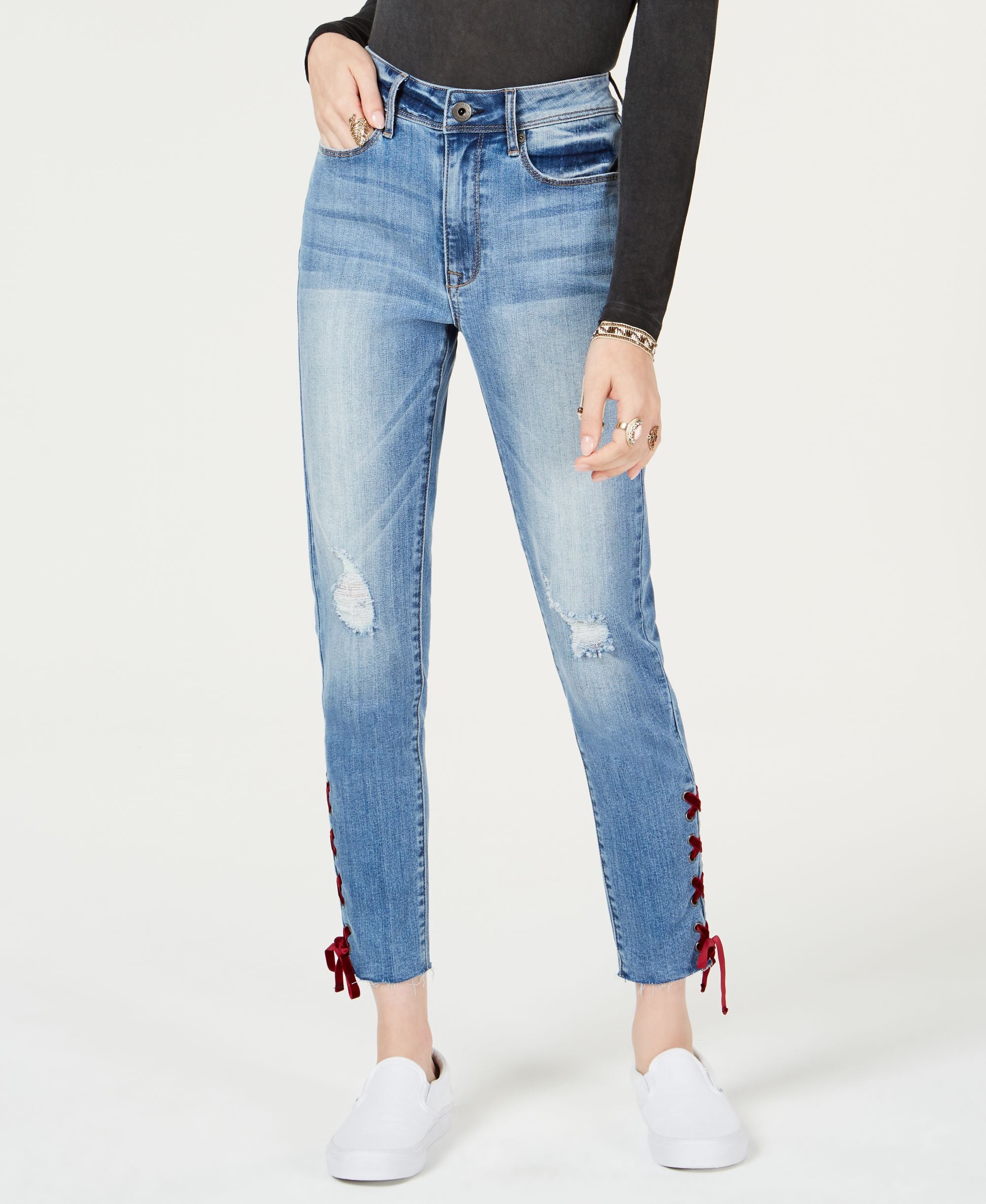 Juniors' Velvet Lace-Up Skinny-Fit Ankle Premium Jeans