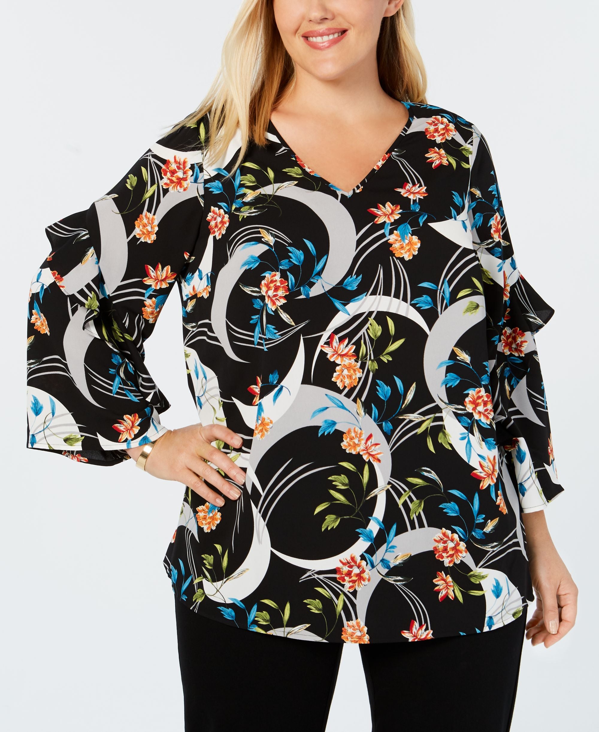 Alfani Plus Size Printed Ruffled Sleeve Zip Back Premium Top