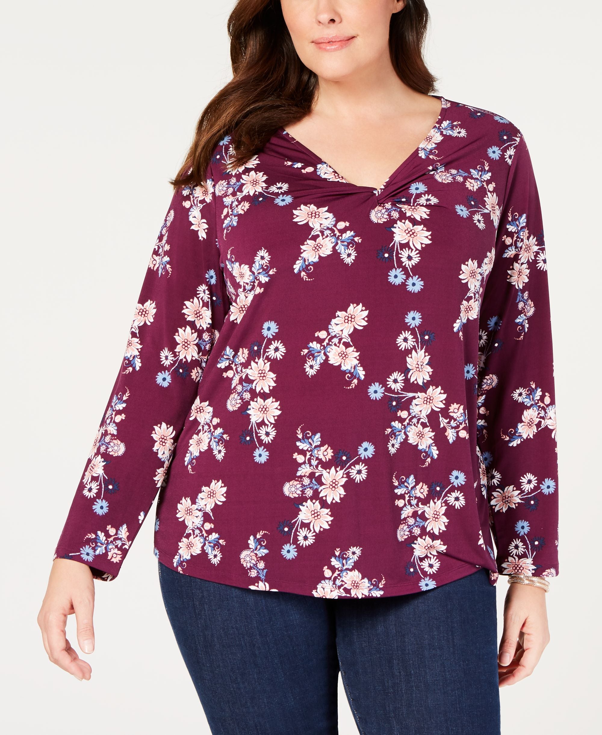 Style & Co Plus Size Printed Twist Neckline Premium Top