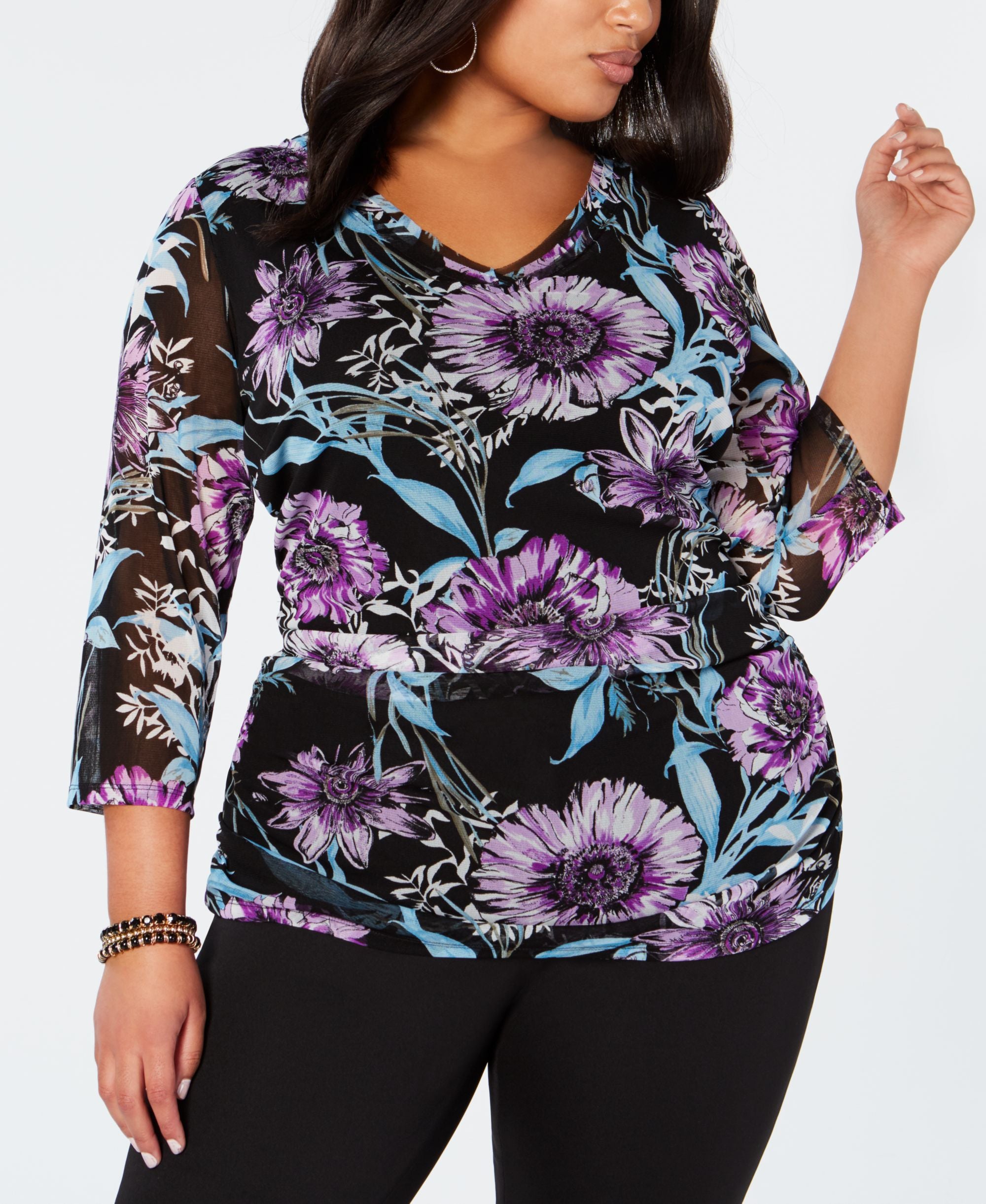 Plus Size Floral Print V Neck Premium Top