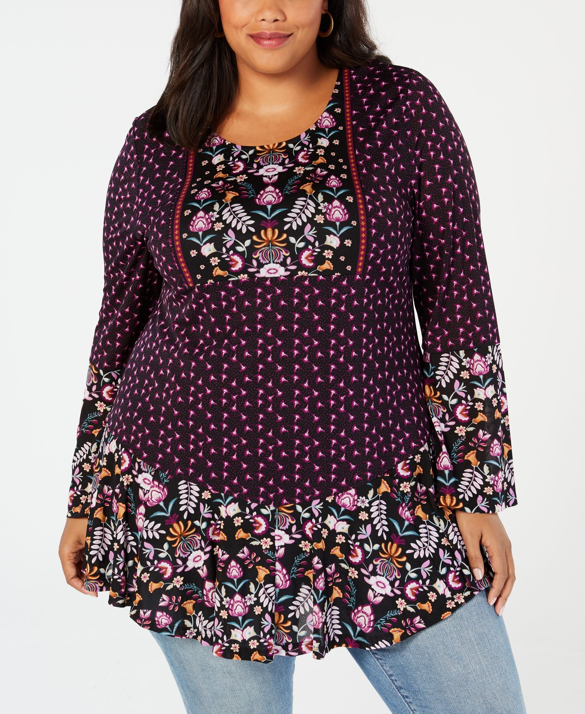 Style & Co Plus Size Mixed Print Cross Back Flounce Hem Premium Top