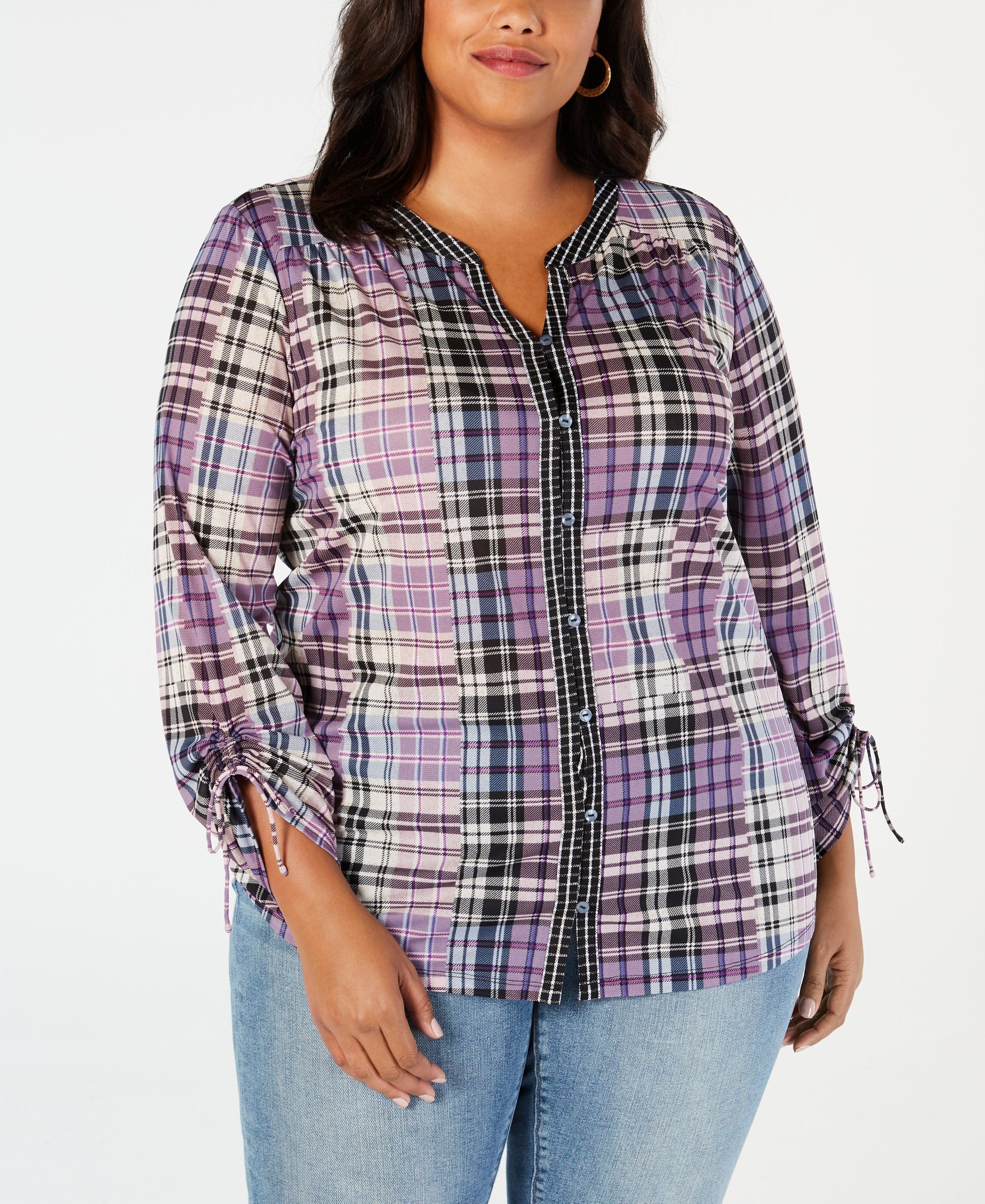 Style & Co Plus Size Patchwork Plaid Split Neckline Modern Shirt