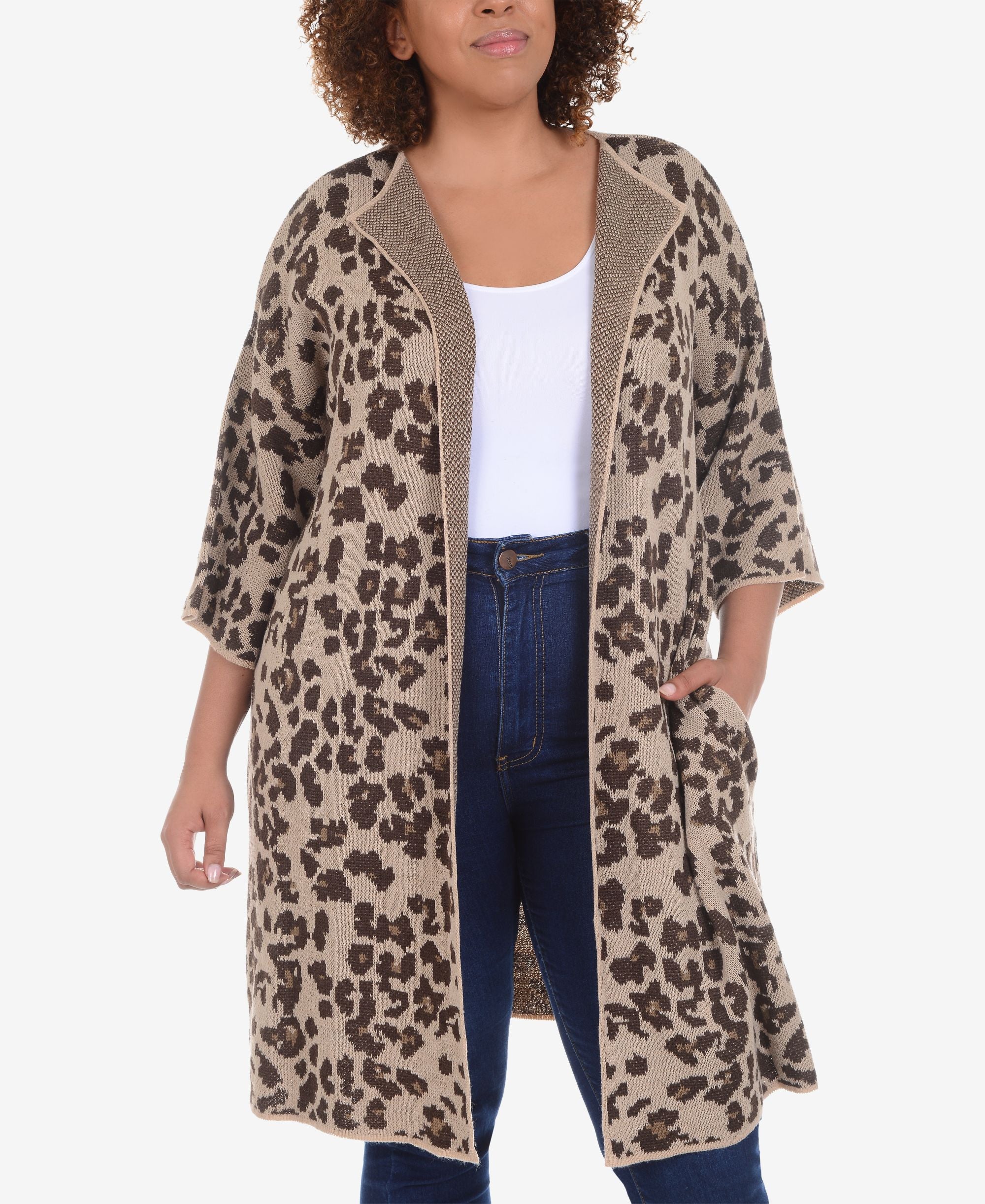 NY Collection Plus Size Long Animal Print Jacquard Knit Cardigan