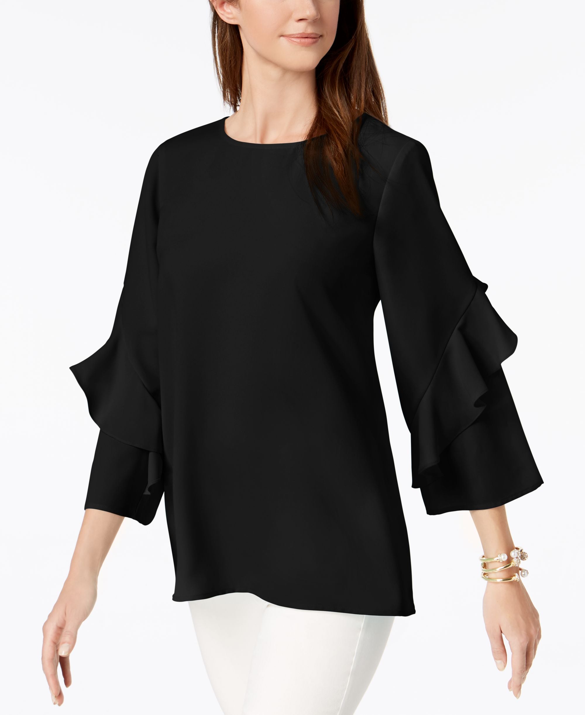 Alfani Petite Ruffled Sleeve Zip Back Premium Top