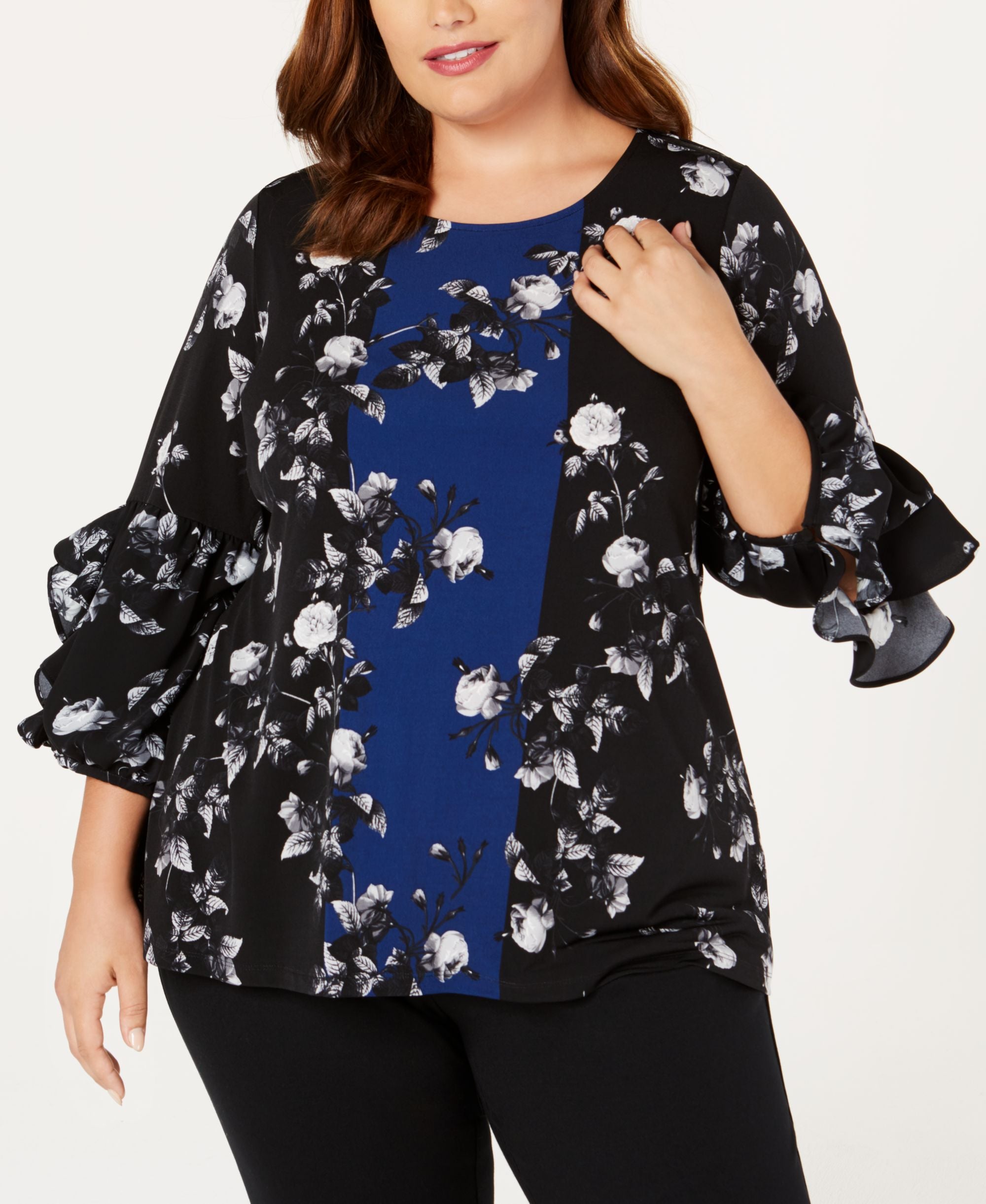 Alfani Plus Size Printed Ruffle-Sleeve Premium Top