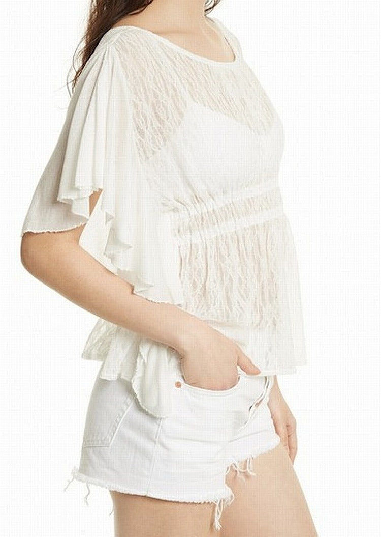 Free People Women's Sheer Knit Signature Blouse Premium Top Ivory  S