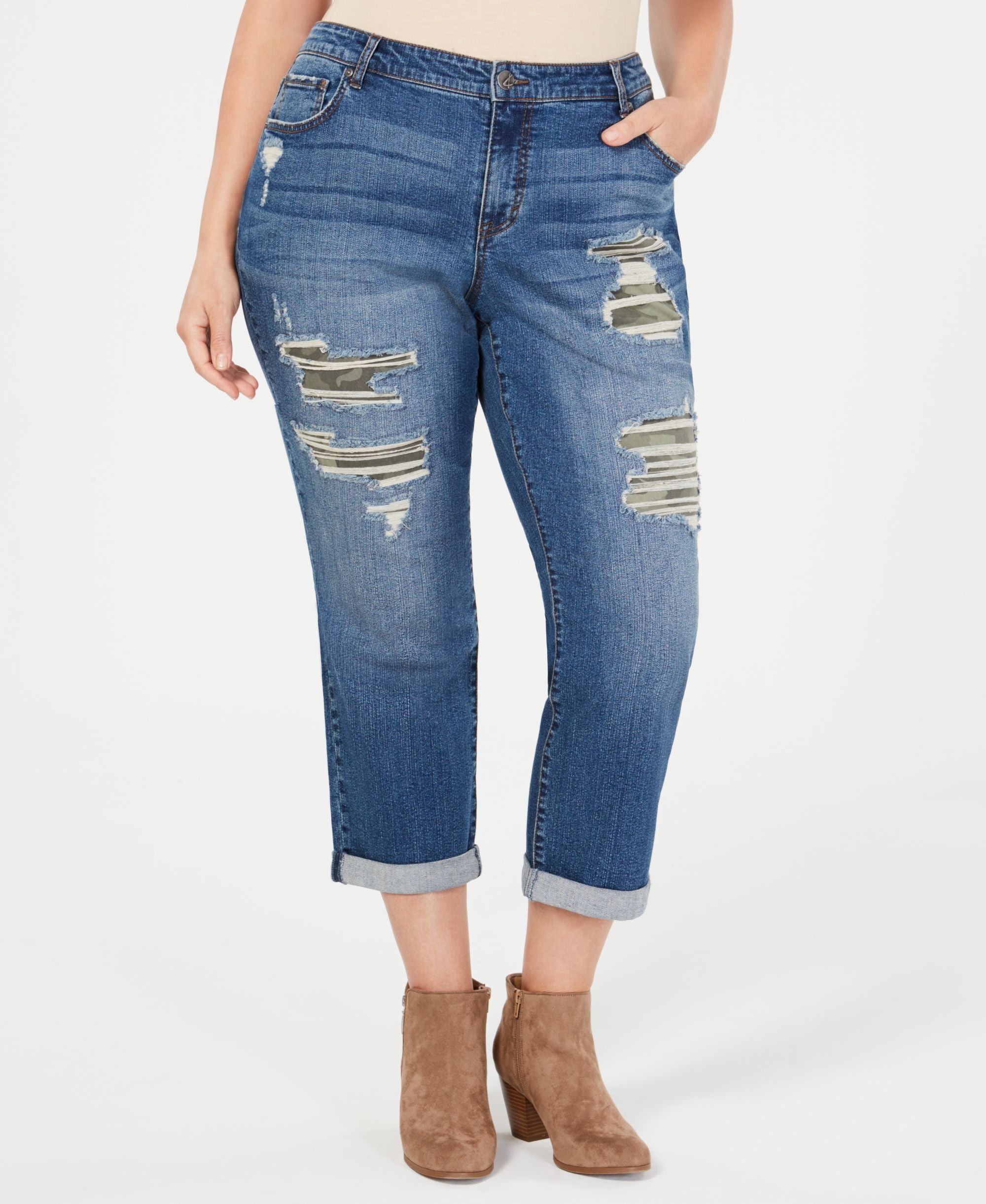 Plus Size Camo Destructed Boyfriend-Fit Premium Jeans