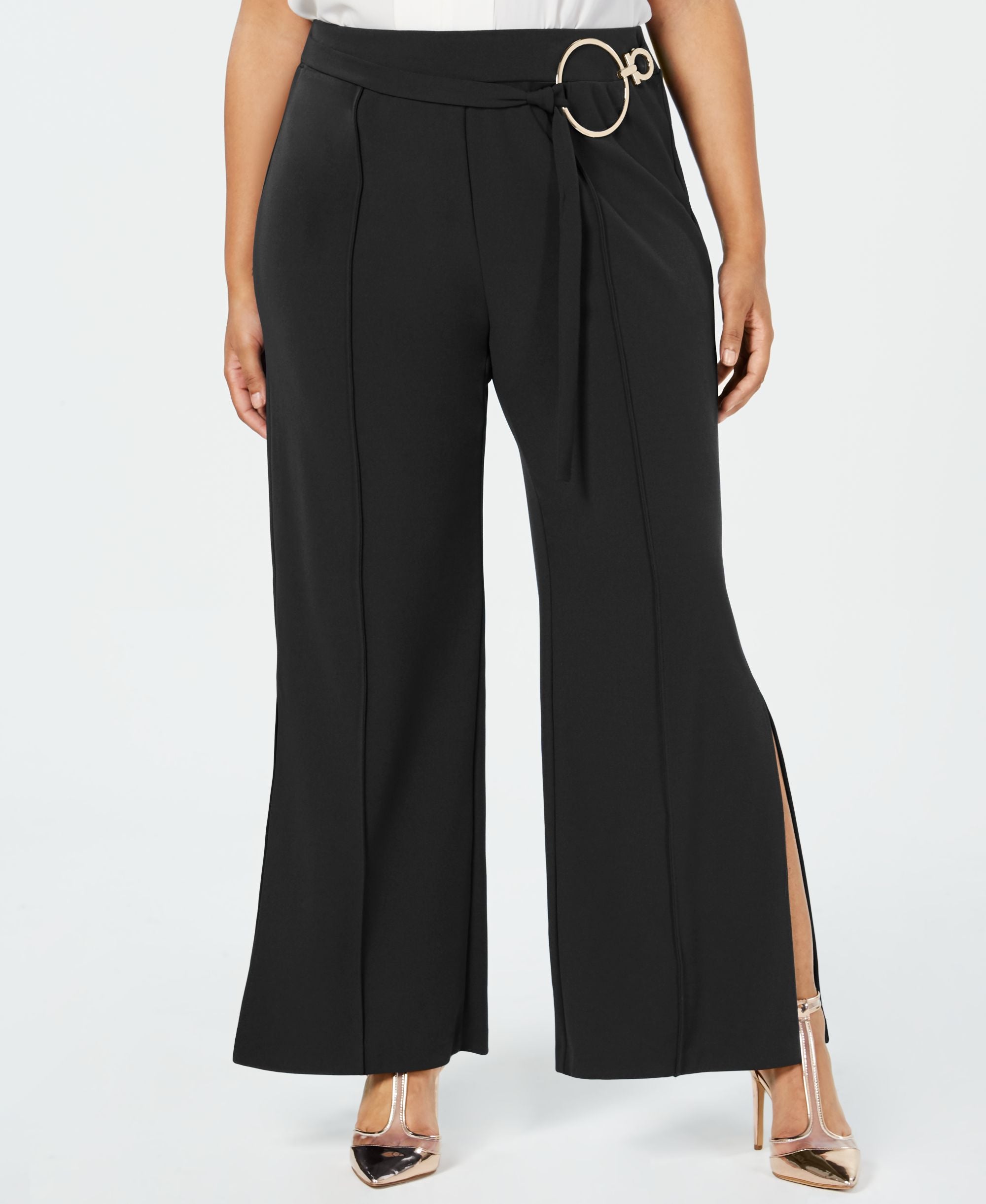 NY Collection Plus Size Split Leg Belted Signature Pants