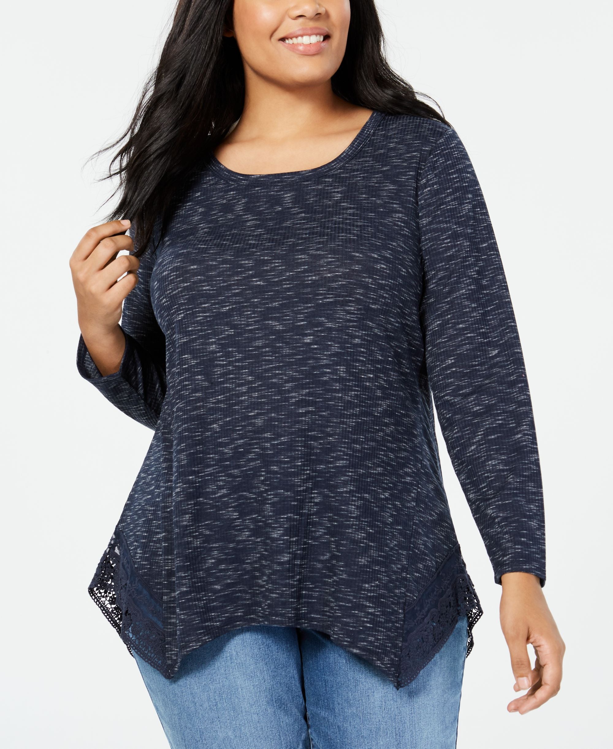 Style & Co Plus Size Space Dyed Lace Handkerchief Hem Premium Top