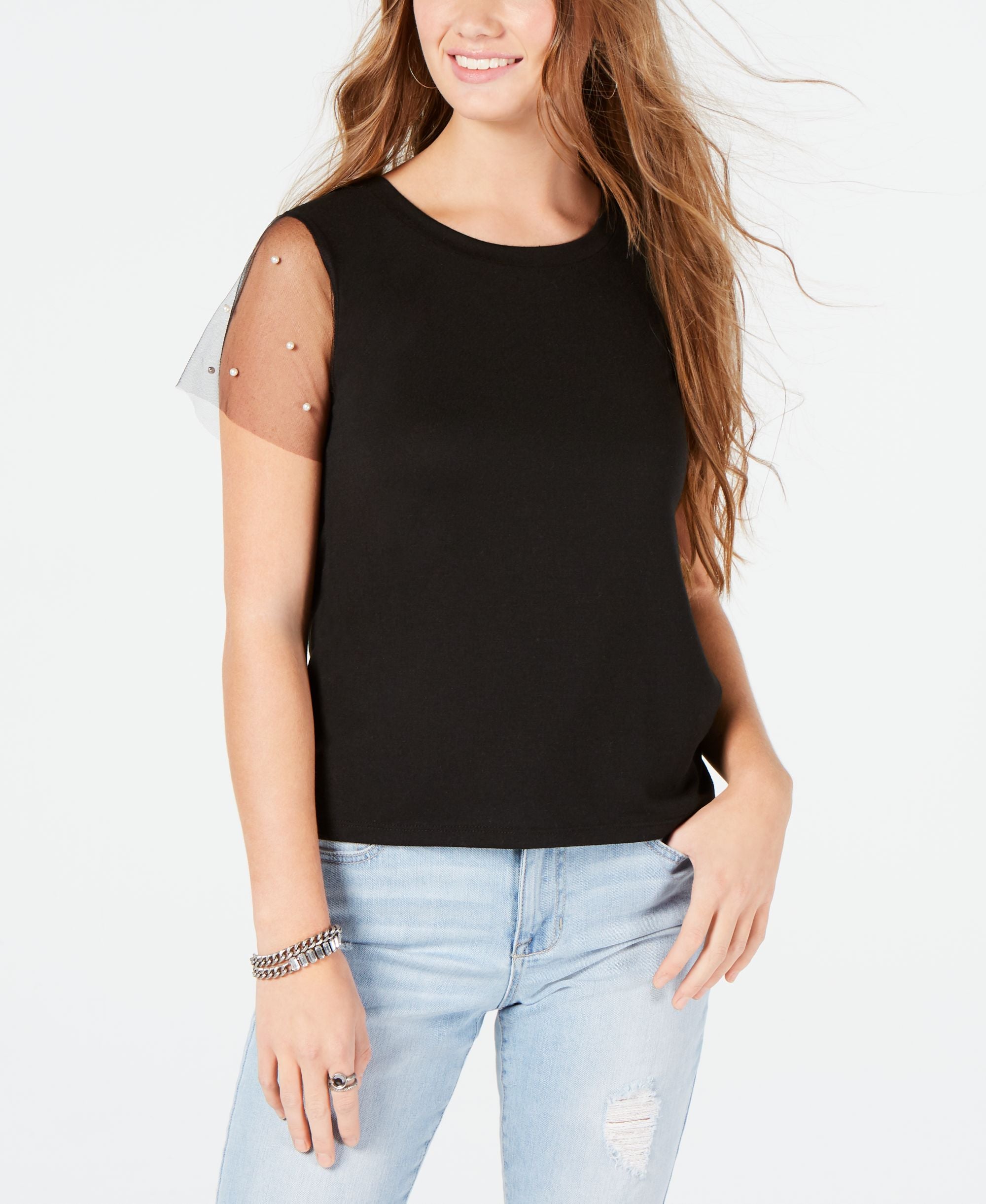 Crave Fame Juniors Sheer Sleeve Embellished Premium Top