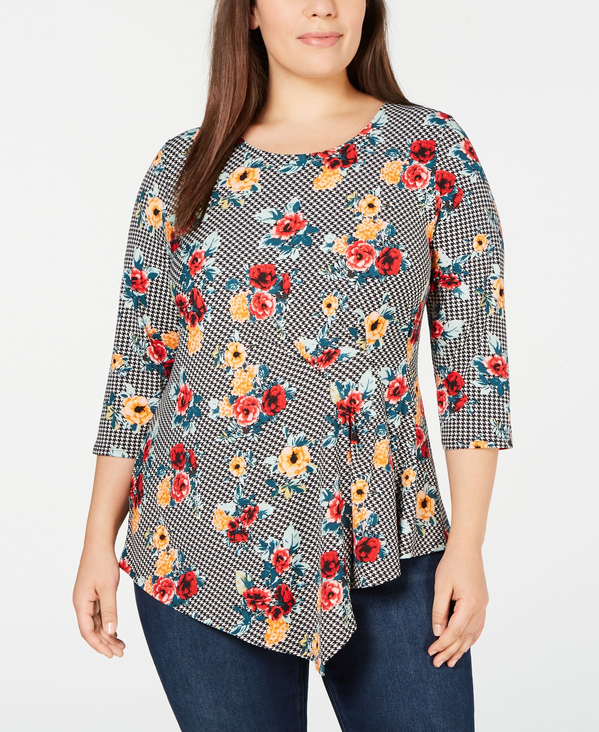 NY Collection Plus Size Side Pleated Printed Premium Top