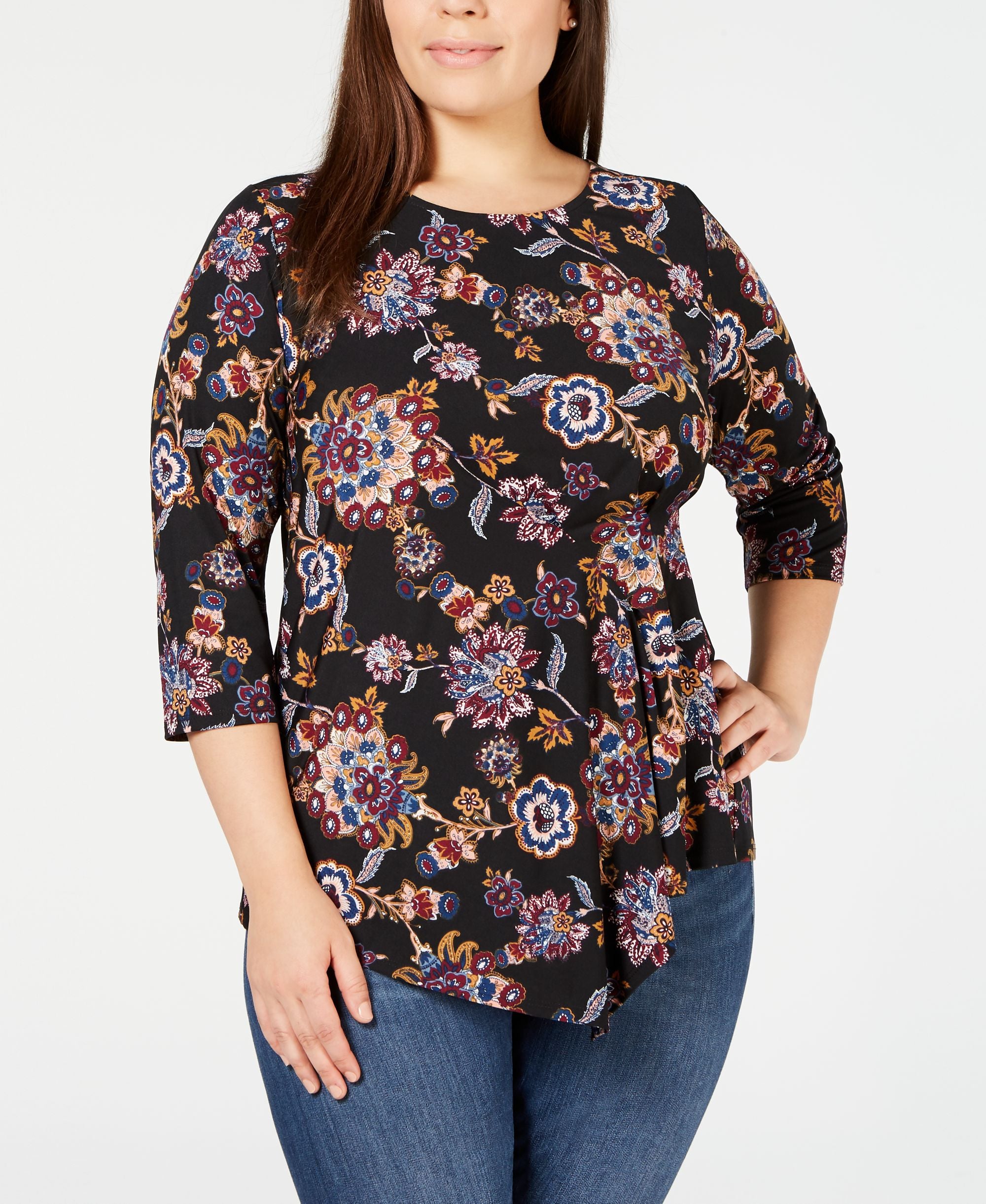 NY Collection Plus Size Side Pleated Printed Premium Top