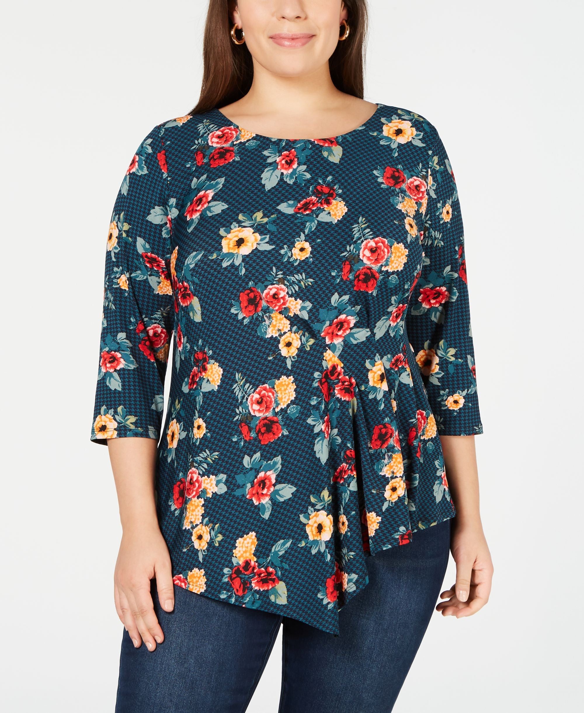 NY Collection Plus Size Side Pleated Printed Premium Top