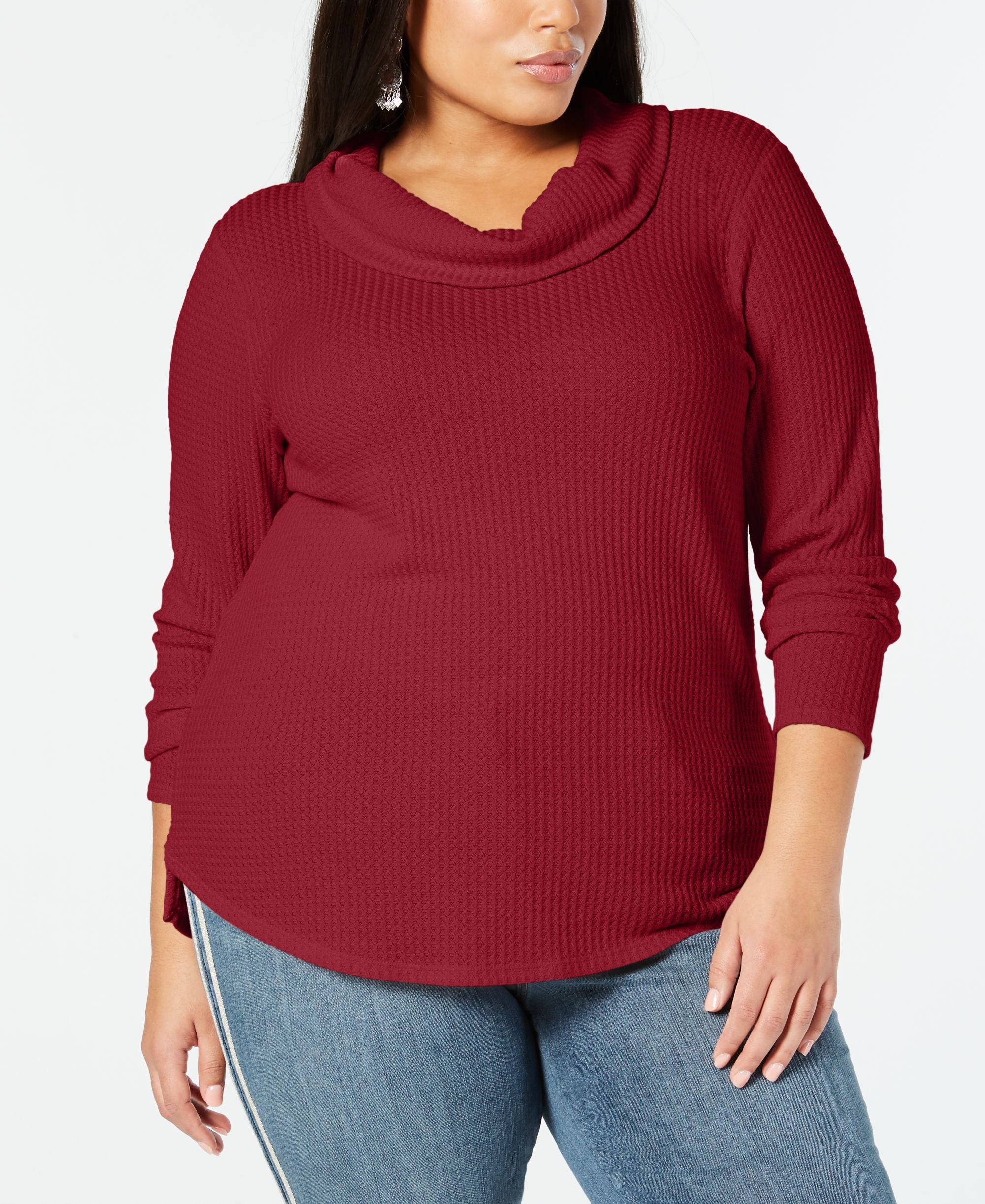 Plus Size Waffle-Knit Cowl-Neck Premium Top