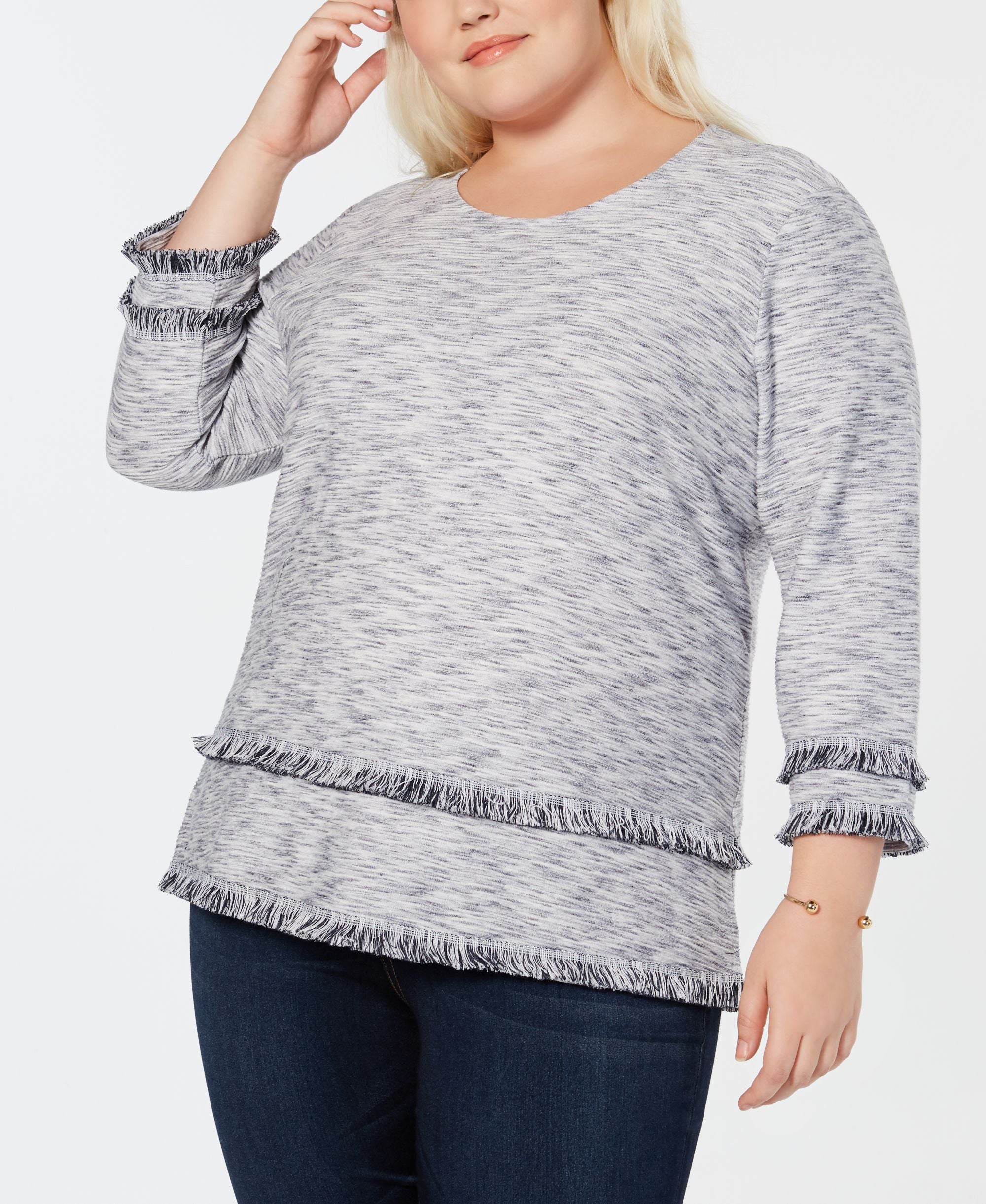 Style & Co Plus Size Space Dyed Fringe Trim Premium Top