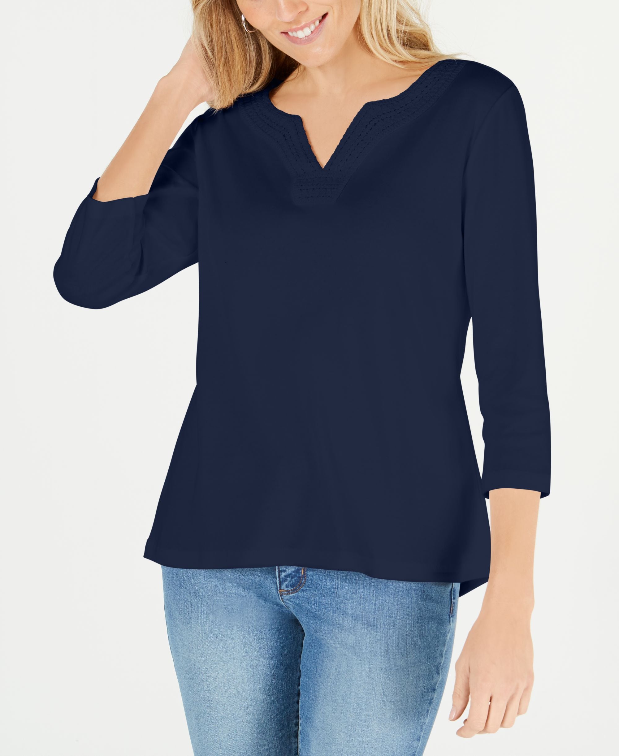 Karen Scott Cotton Crochet Trim Split Neck Premium Top