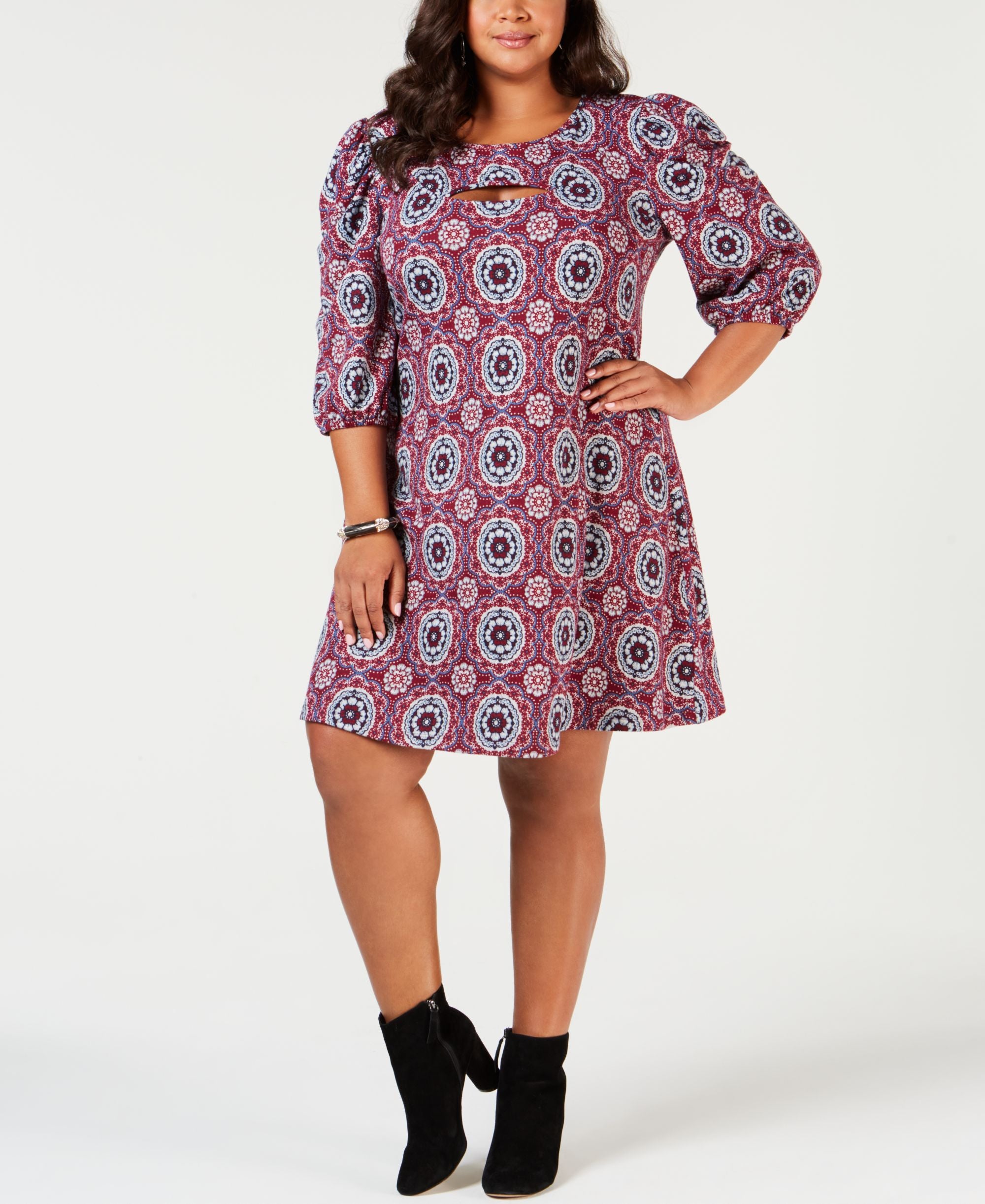 Plus Size Printed Puff-Sleeve Dress