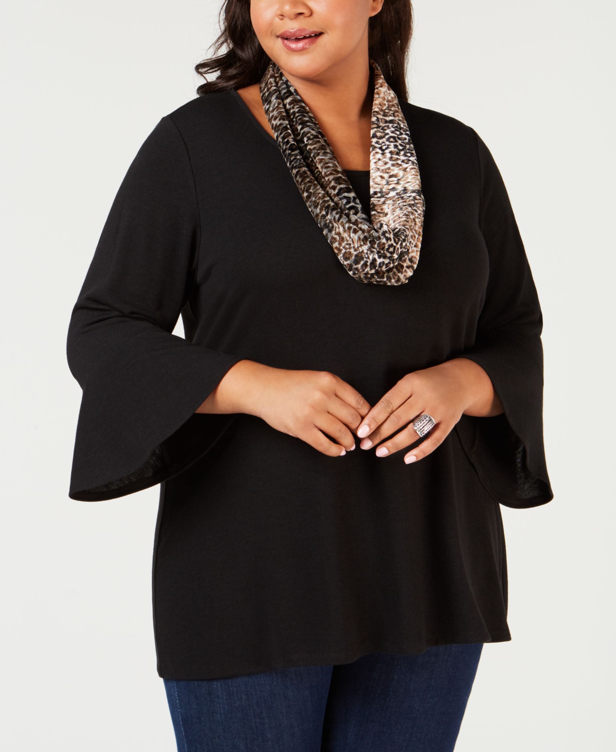 Plus Size Bell-Sleeve Premium Top & Printed Velvet Scarf