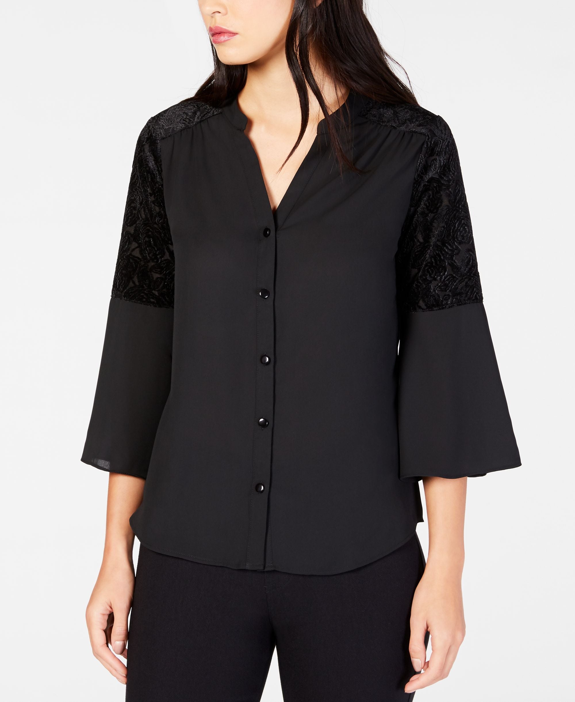 NY Collection Petite Bell Sleeve Velvet Burnout Signature Blouse