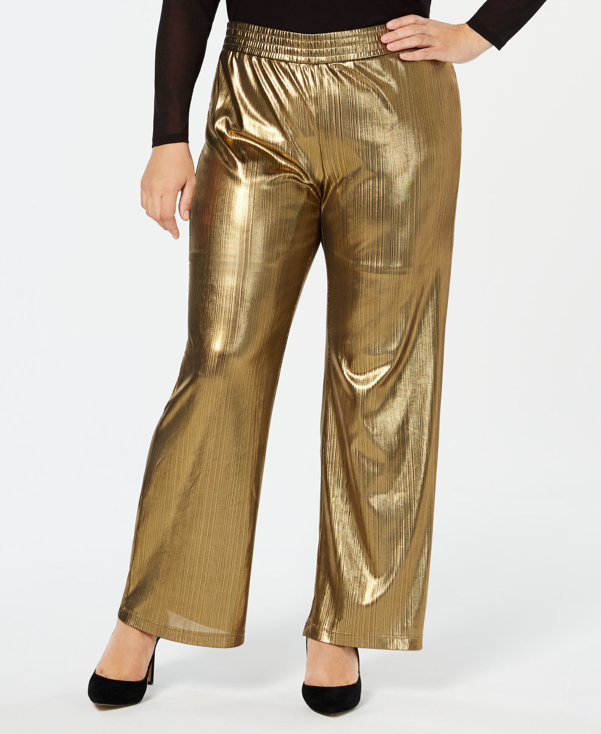 NY Collection Plus Size Metallic Striped Wide-Leg Signature Pants
