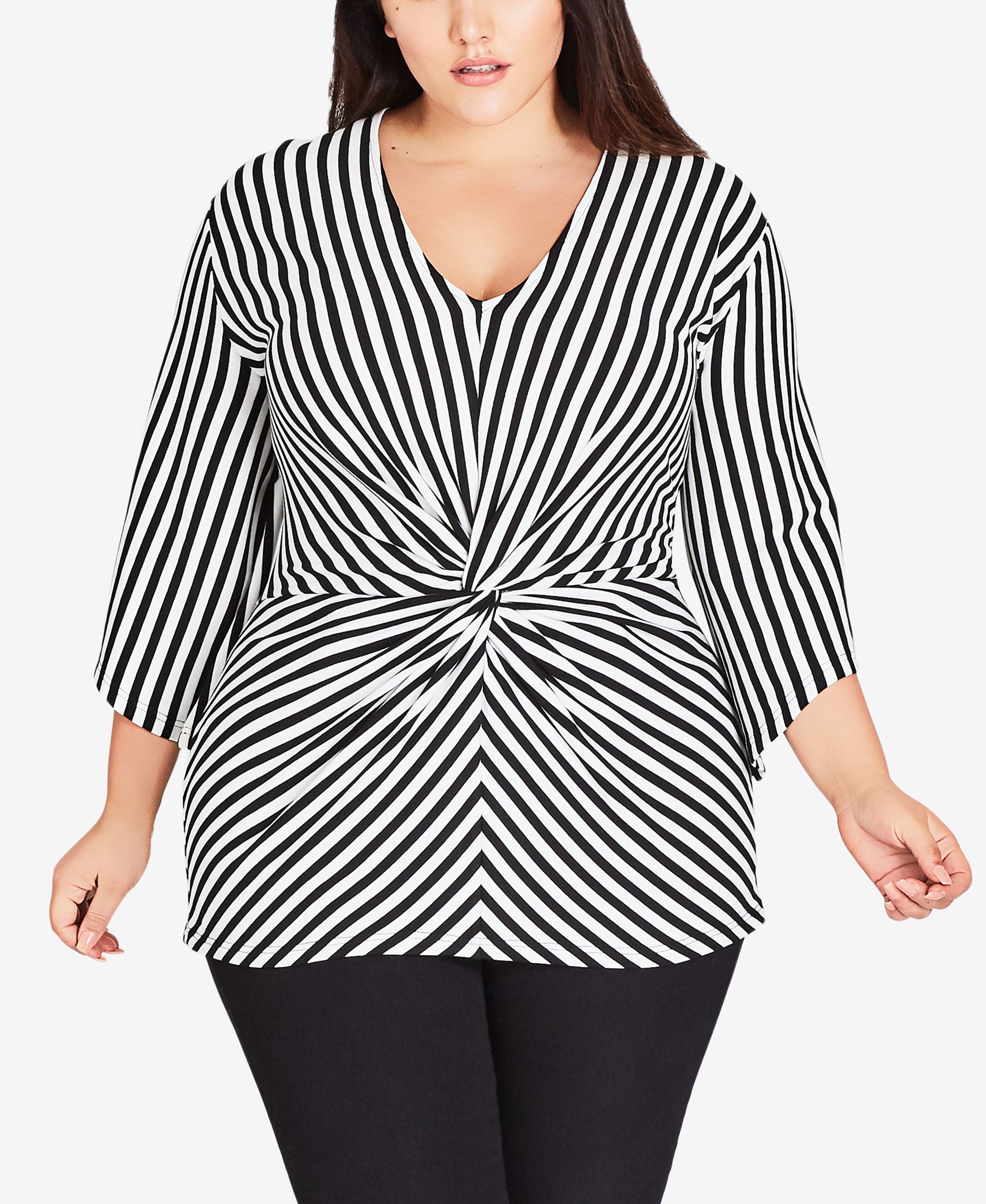 City Chic Modern Plus Size Striped Twist Front Premium Top