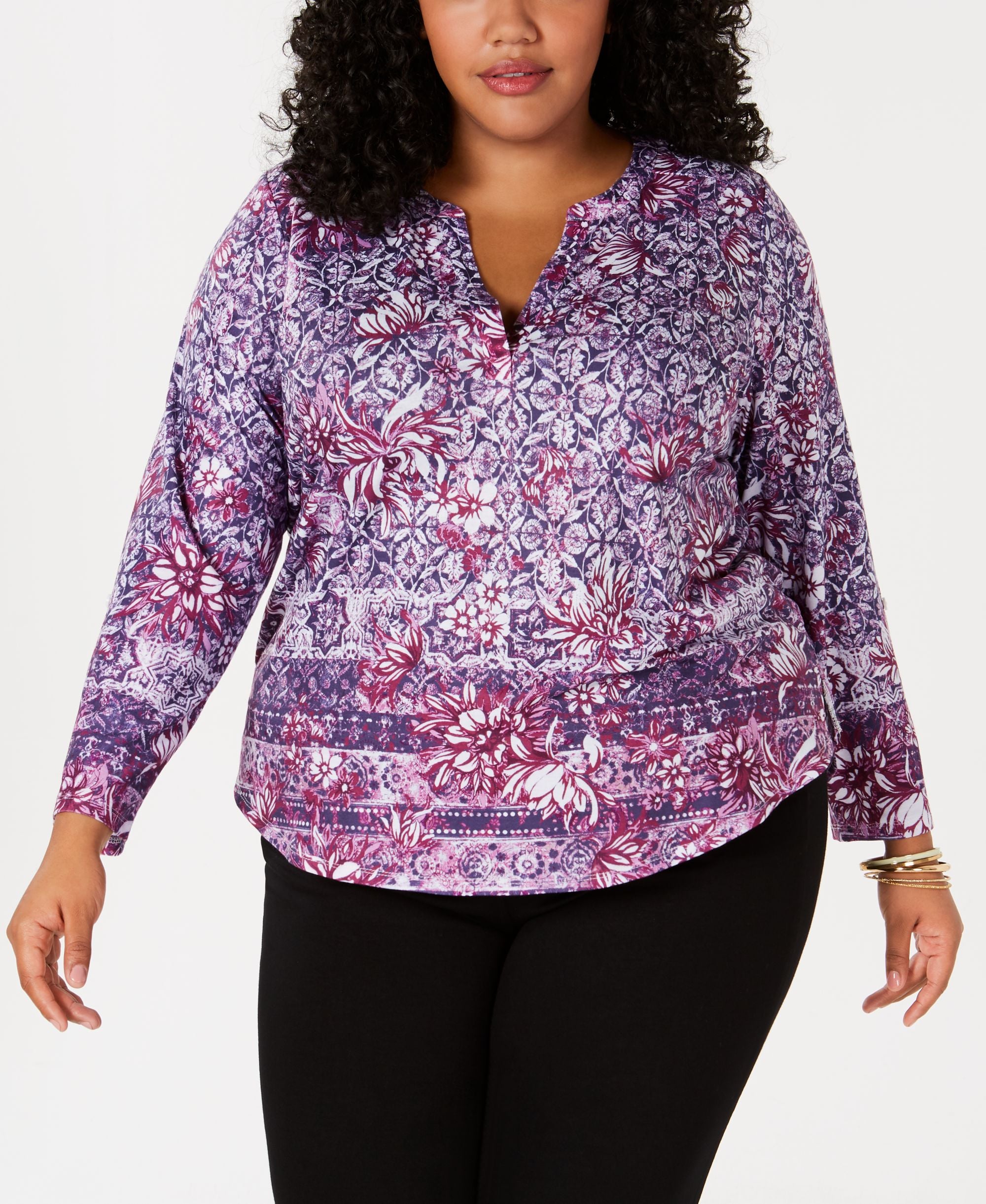 Style & Co Plus Size Printed Split Neck Premium Top