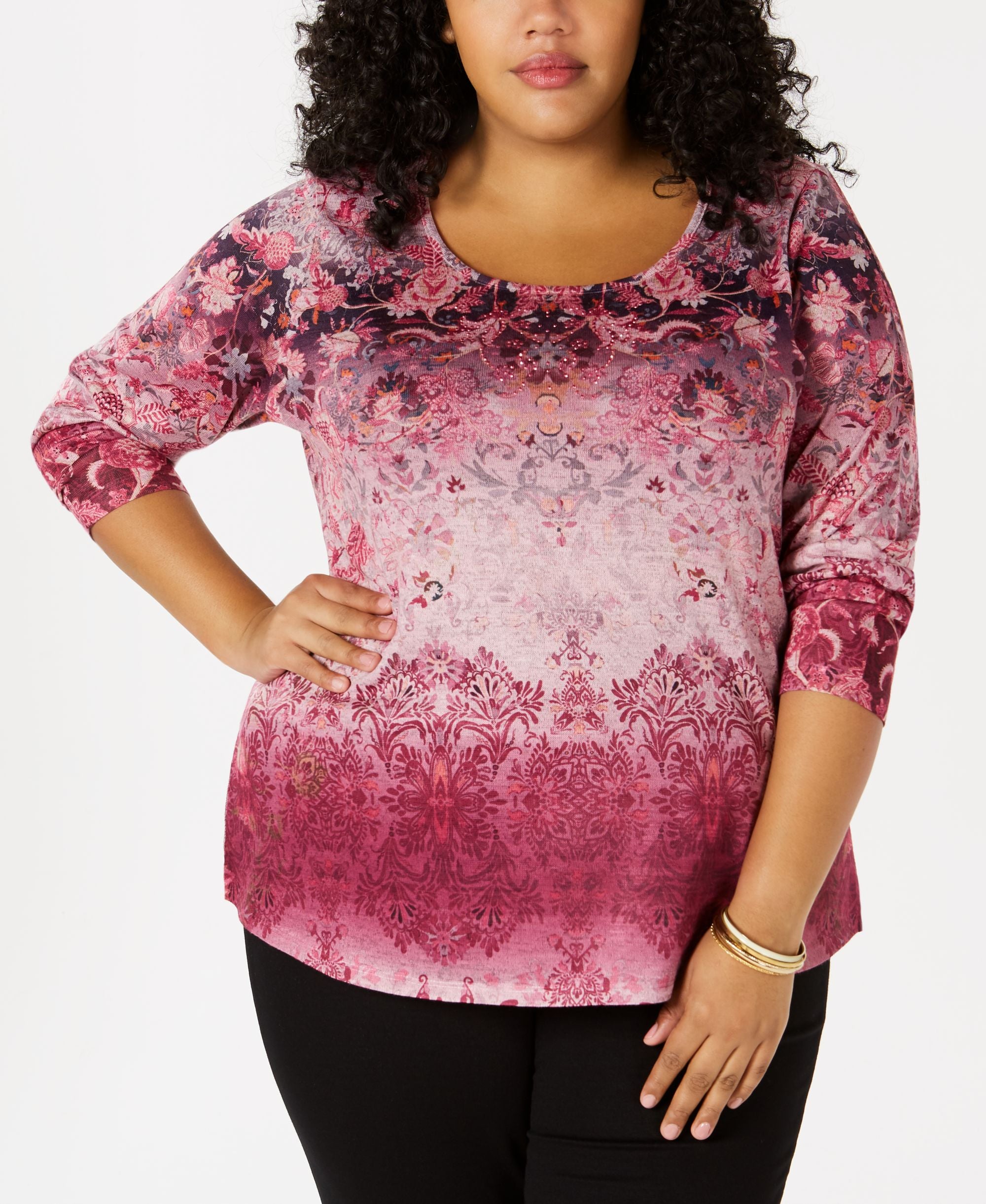 Style & Co Plus Size Printed Embellished Premium Top