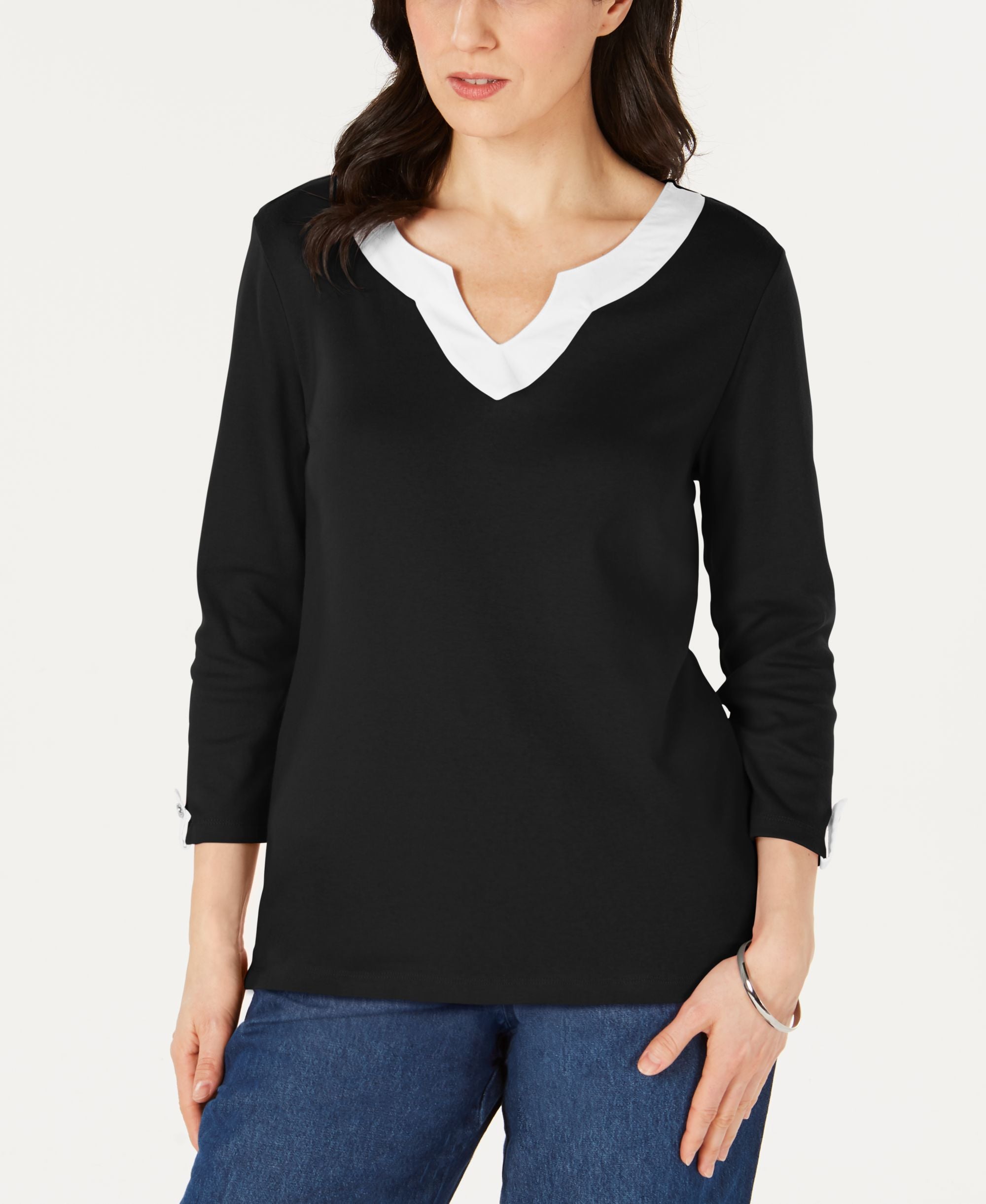 Karen Scott Cotton Split Neck Tab Sleeve Premium Top