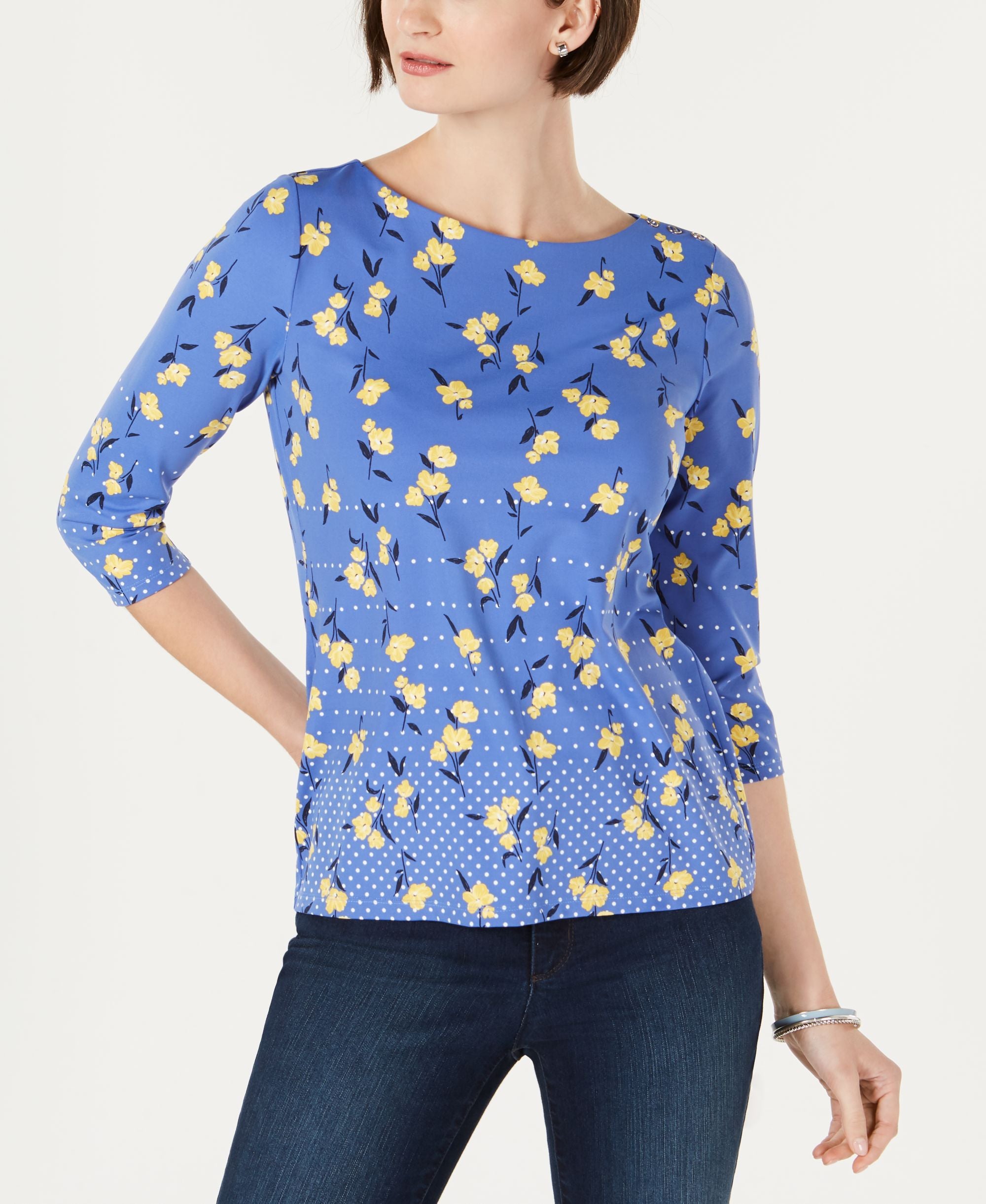 Charter Club Printed 3/4 Sleeve Premium Top