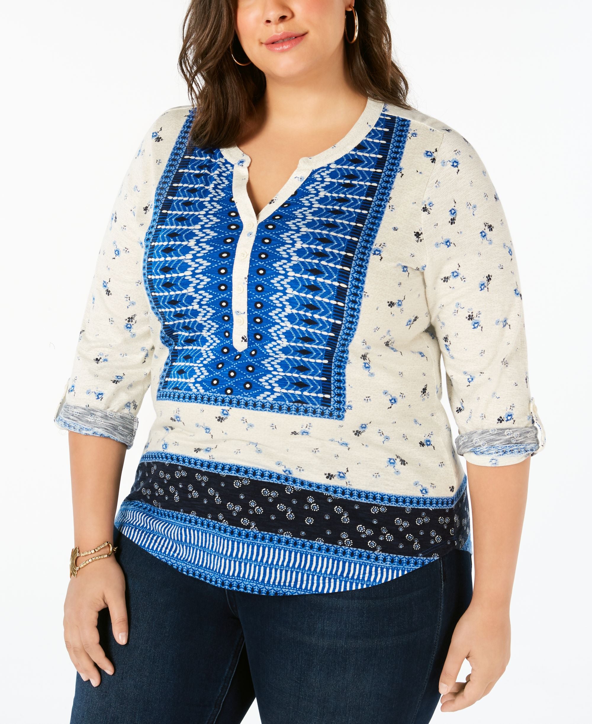 Plus Size Printed Roll-Tab Premium Top