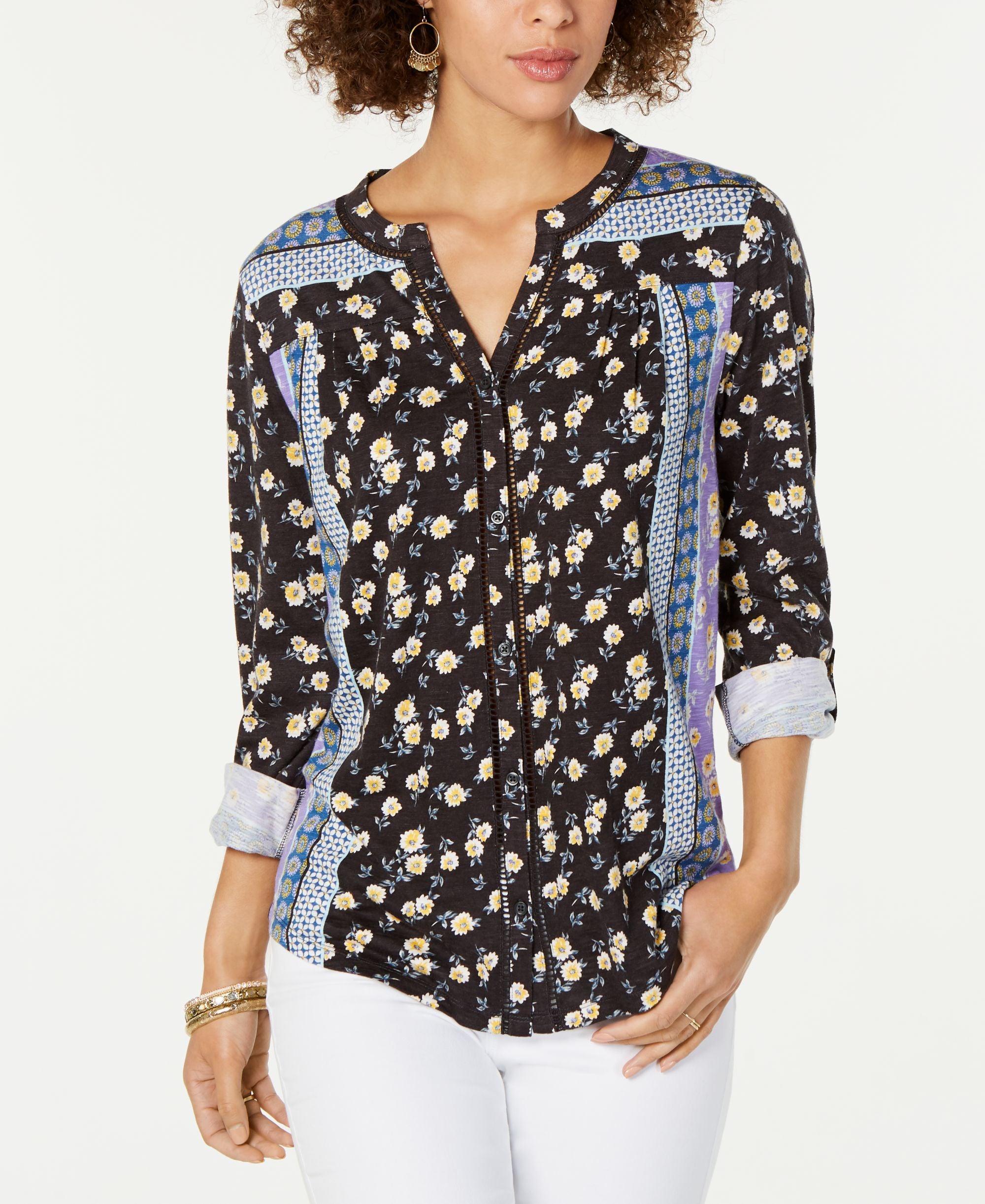 Style & Co Printed Button Neck Premium Top