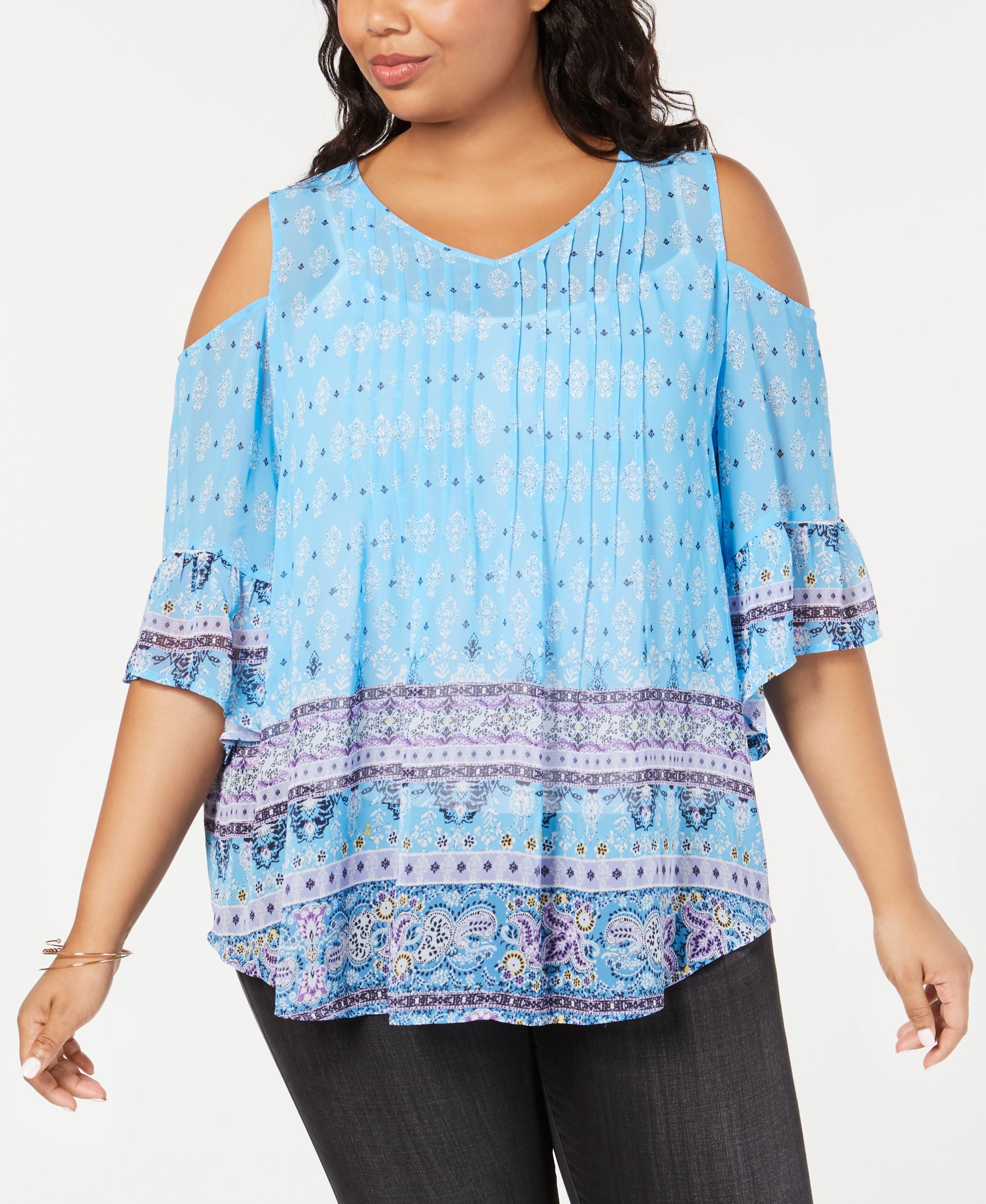 Style & Co Plus Size Border Print Cold Shoulder Premium Top