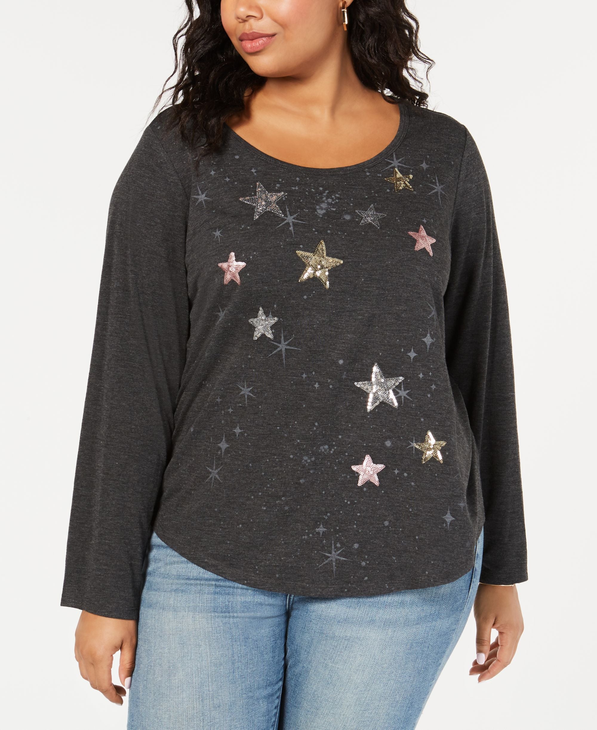 Style & Co Plus Size Sequined Graphic Print Premium Top