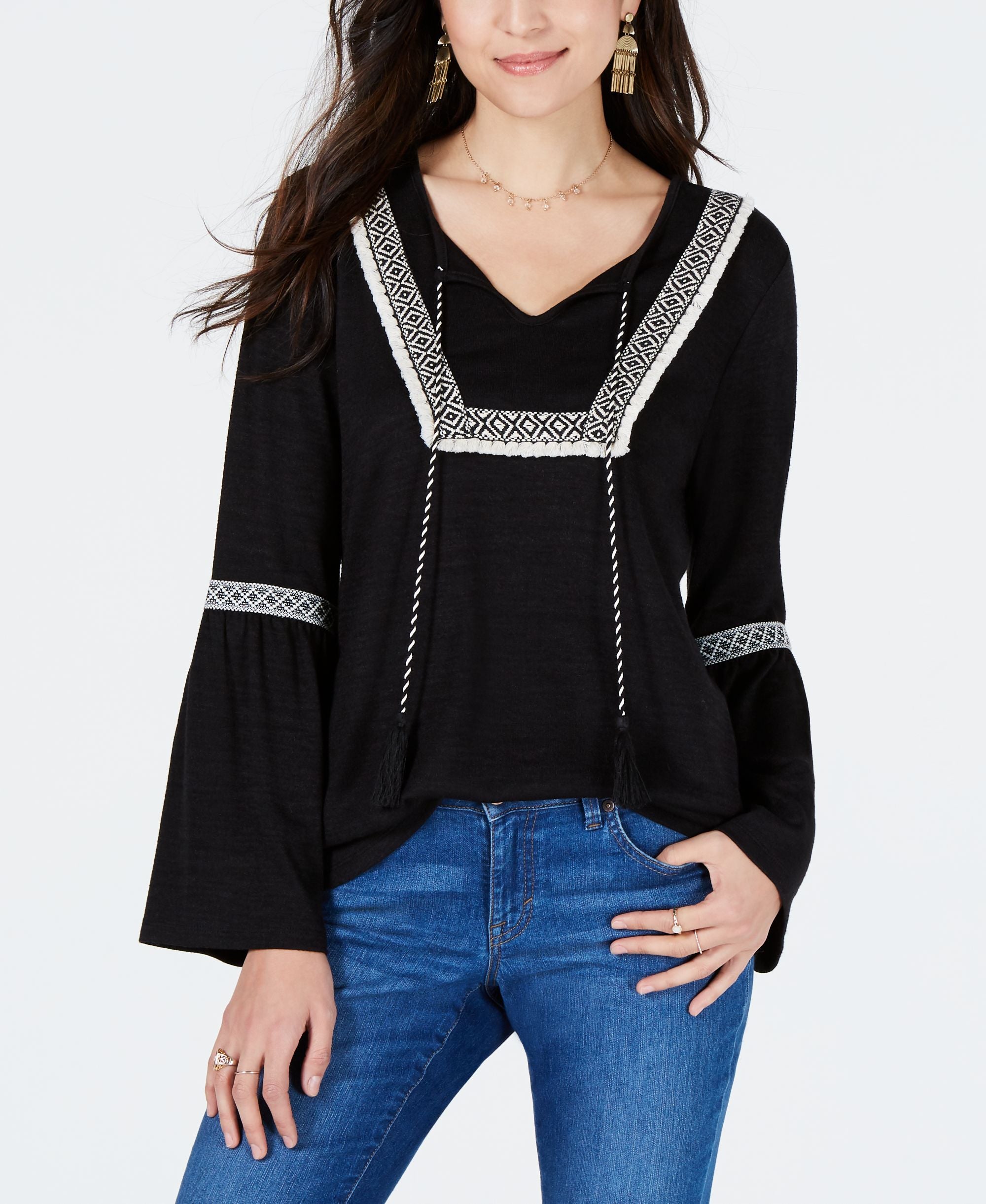 Embroidered-Trim Solid Peasant Premium Top