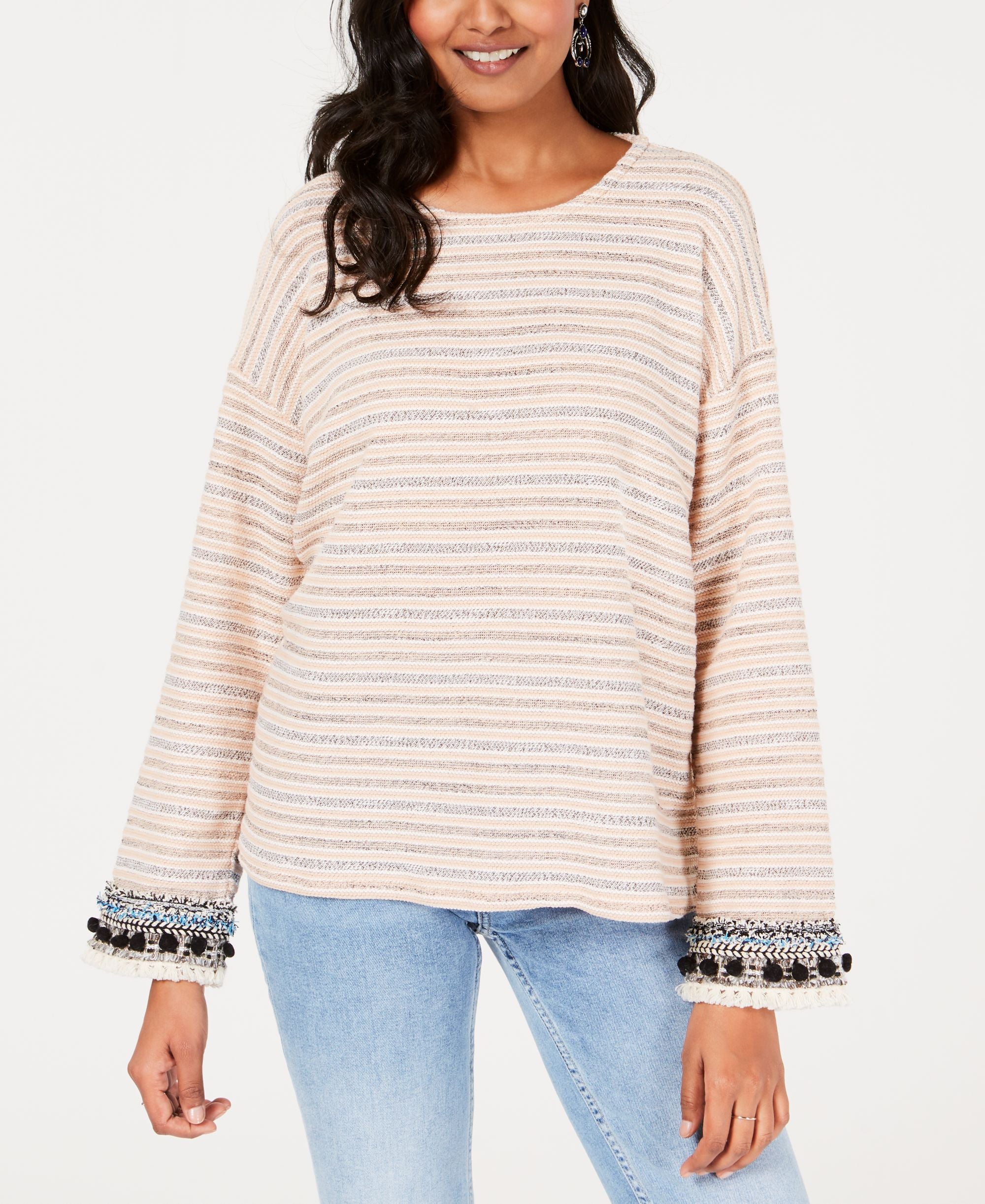 Textured-Stripe Fringe-Trim Premium Top