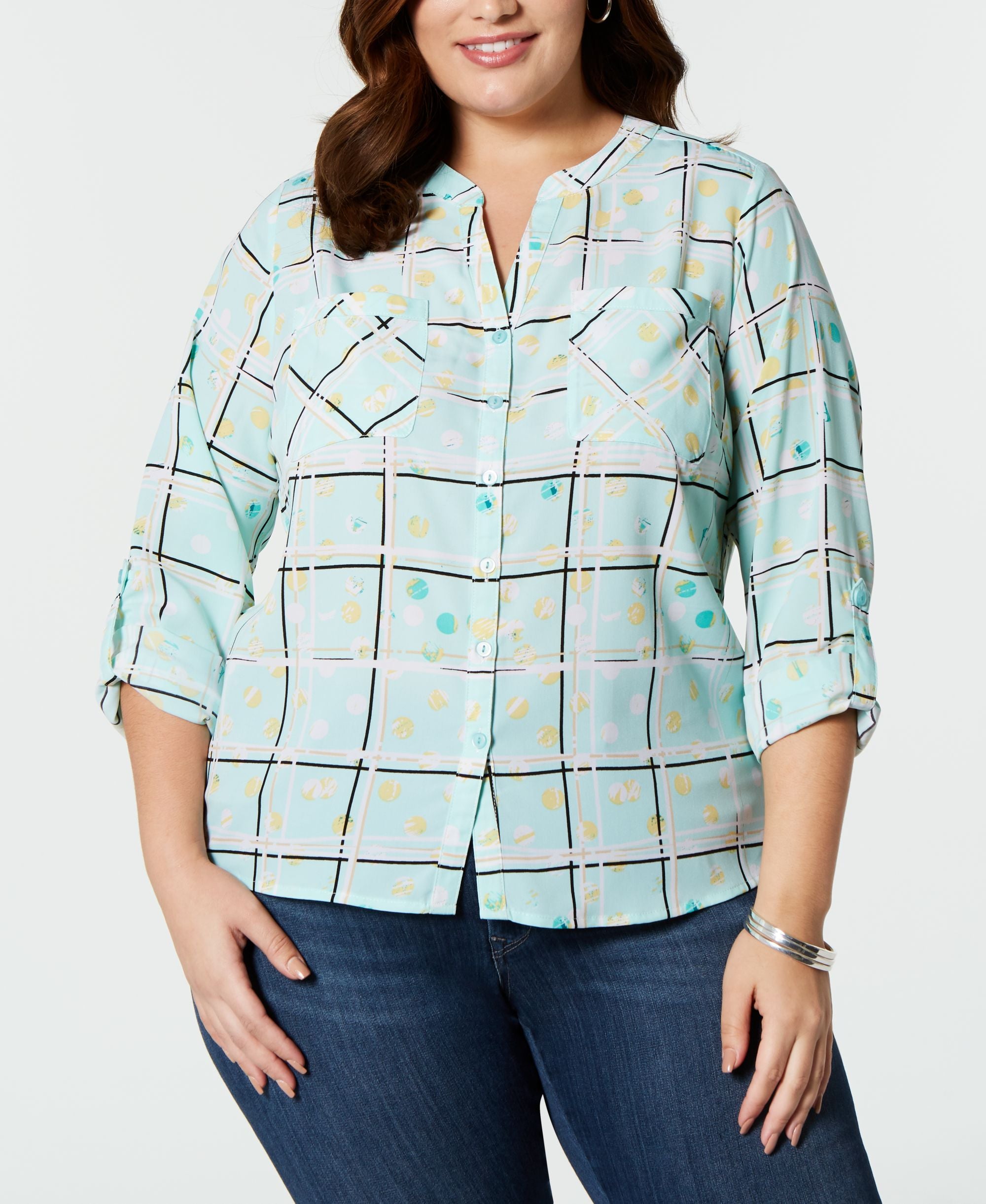 NY Collection Plus Size Printed Roll Tab Button-Front Modern Shirt
