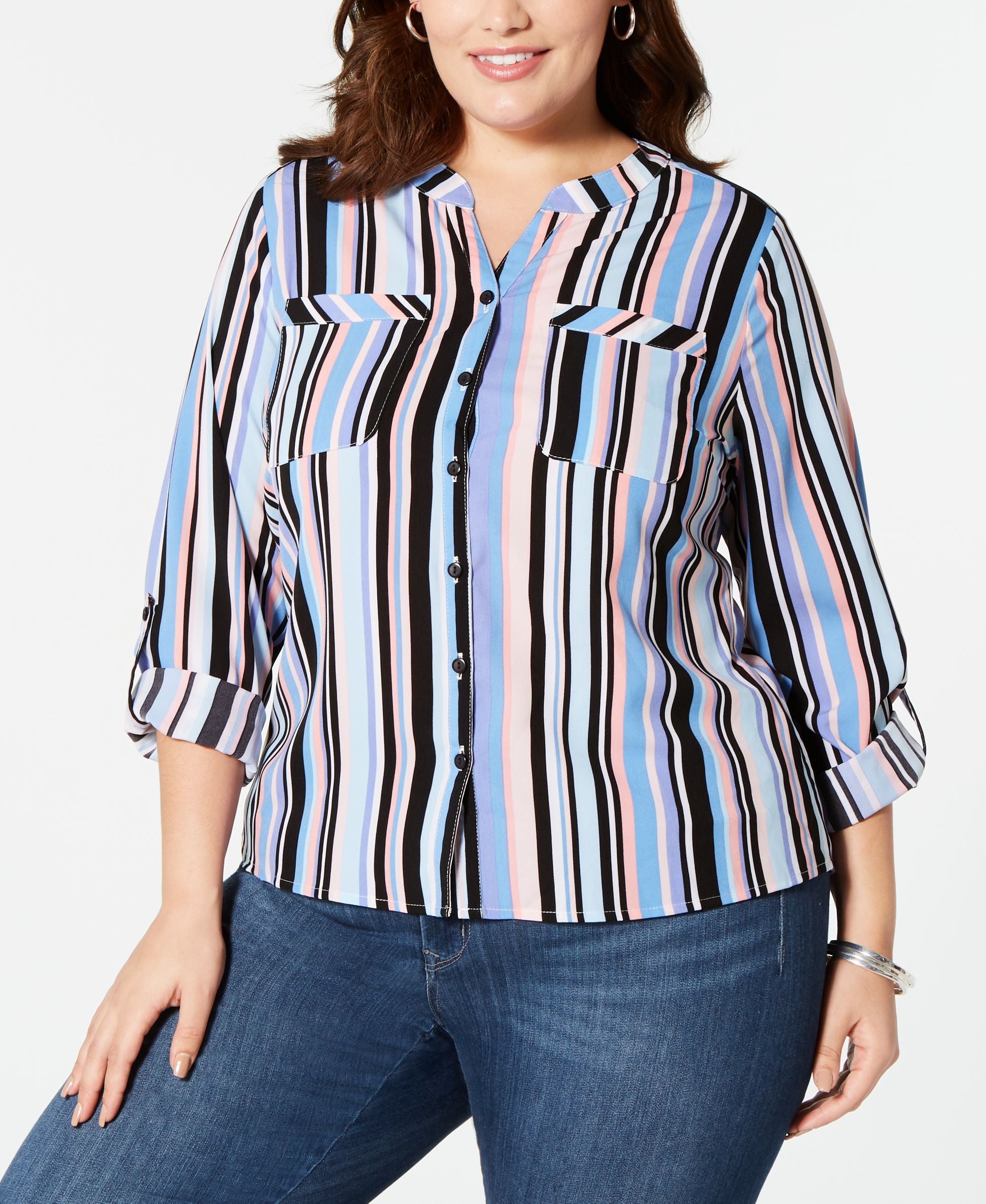 NY Collection Plus Size Printed Button-Front Roll Tab Modern Shirt