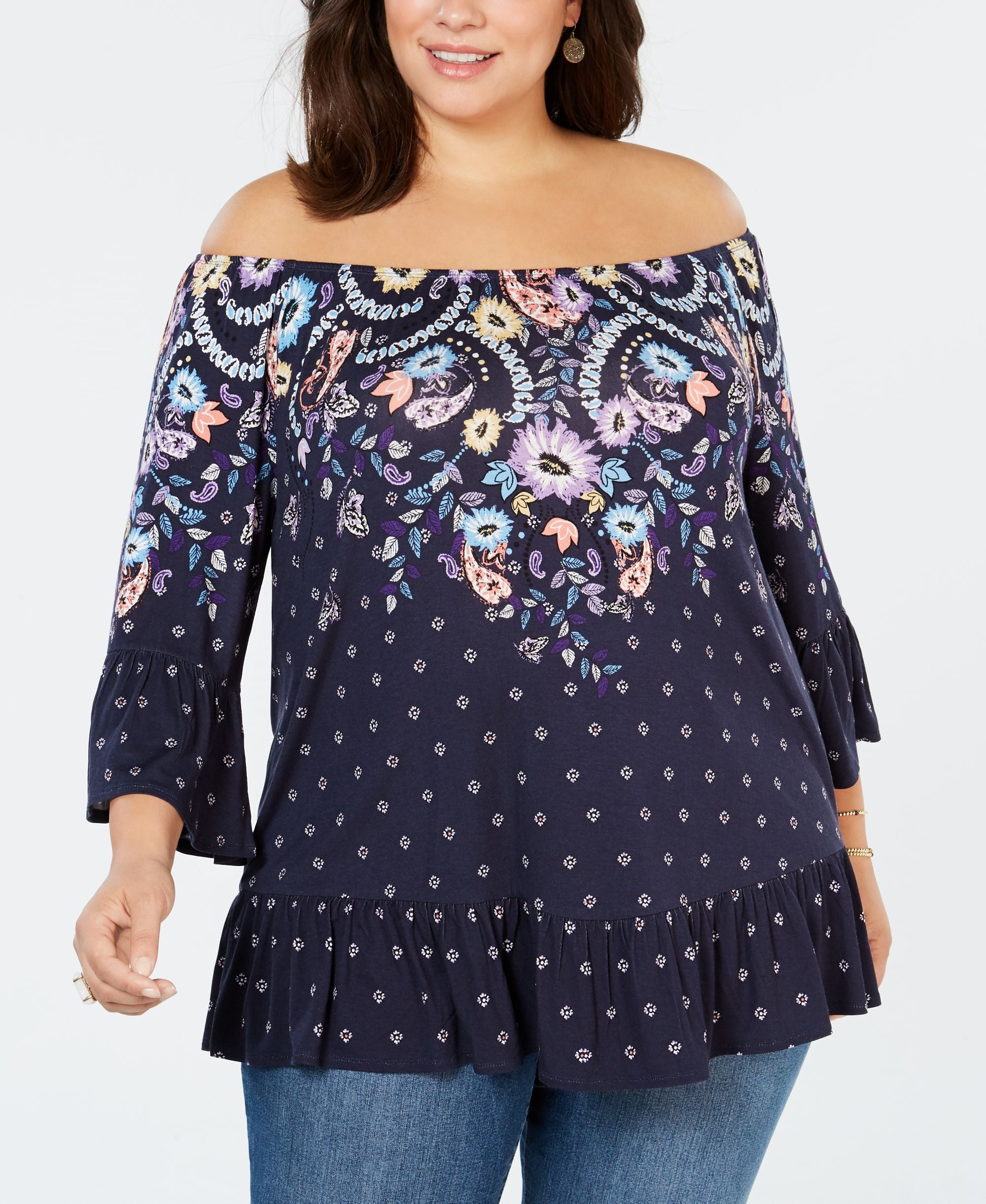 Plus Size Printed Off-The-Shoulder Premium Top