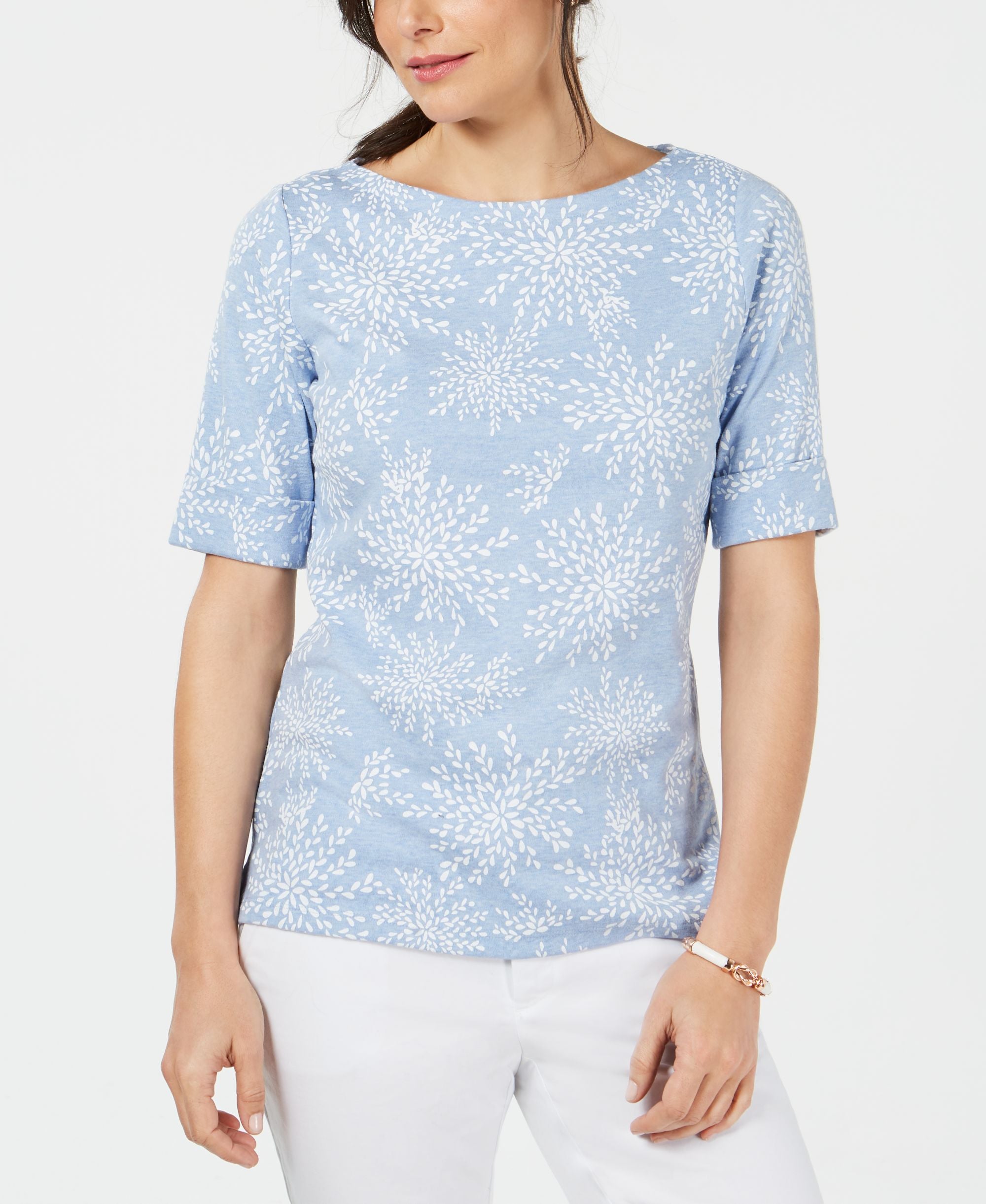 Karen Scott Printed Elbow Sleeve Boat Neck Premium Top